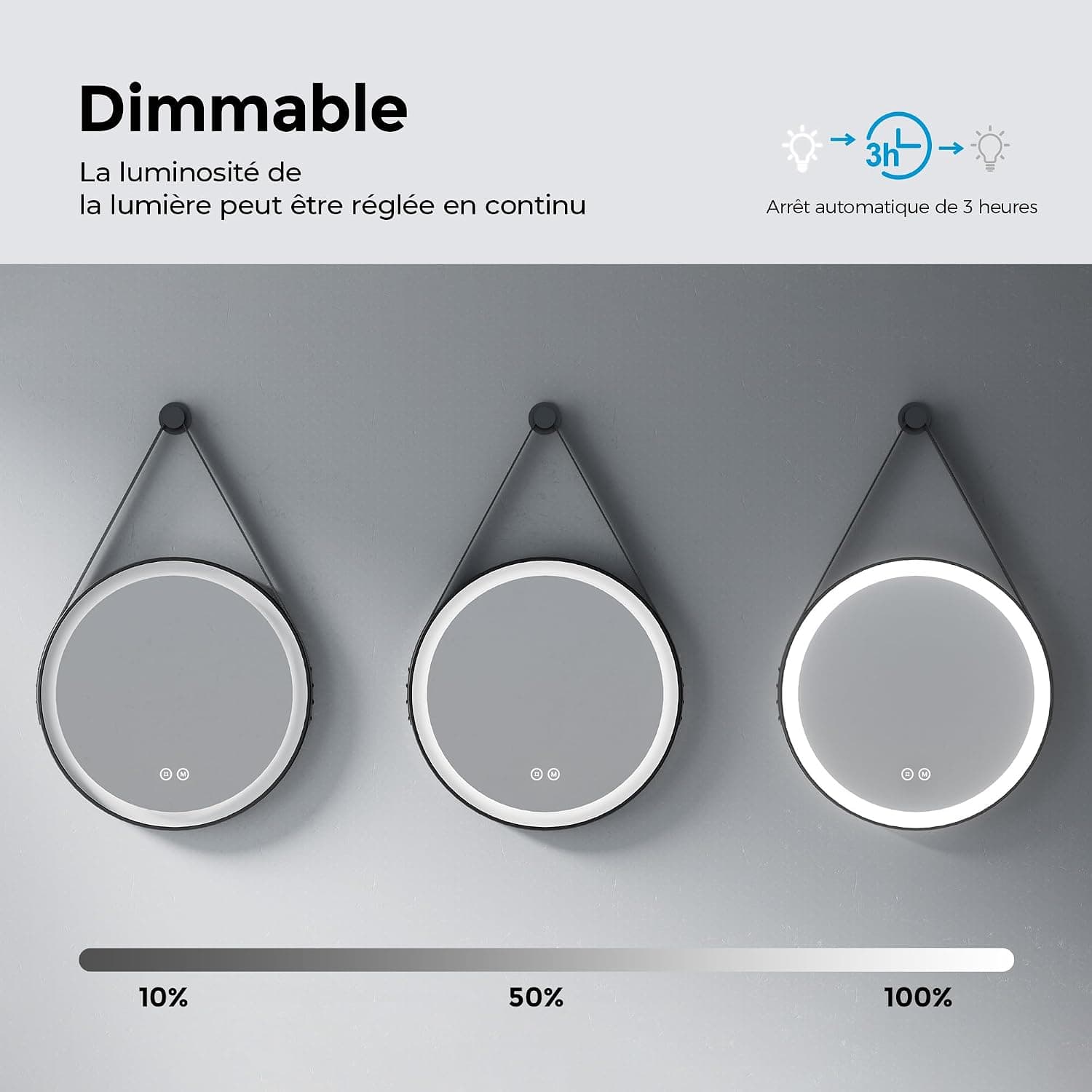 Heilmetz Miroir Salle de Bain Rond avec Éclairage 70cm, Miroir LED Salle de Bain avec Cadre Noir, Dimmable, 3 Couleurs Lumineux, Commande Tactile