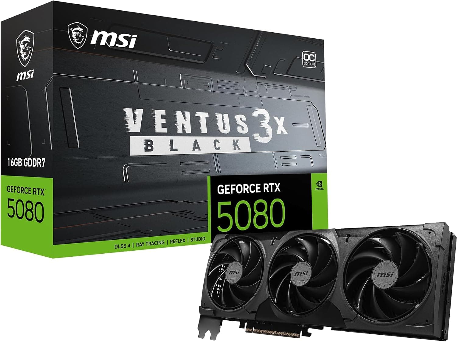 MSI NVIDIA GeForce RTX 5080 16G Ventus 3X OC Black Carte Graphique | 16 Go GDDR7 (30 GB/s, 256-bit), PCIe 5.0, triple ventilateur (3 ventilateurs TORX 5.0), HDMI 2.1b, DisplayPort 2.1b