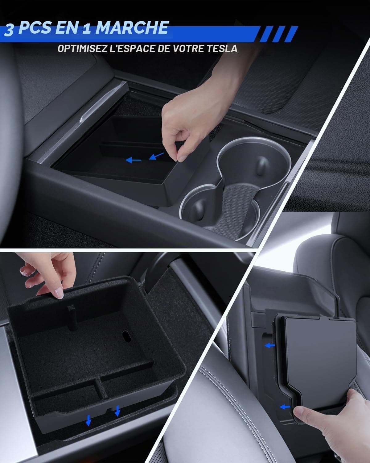 Lot de 3 accessoires pour Tesla Model Y 2025-2026 Juniper - Organiseur de console centrale - Boîte de rangement pour accoudoir et boîte cachée (flocage)