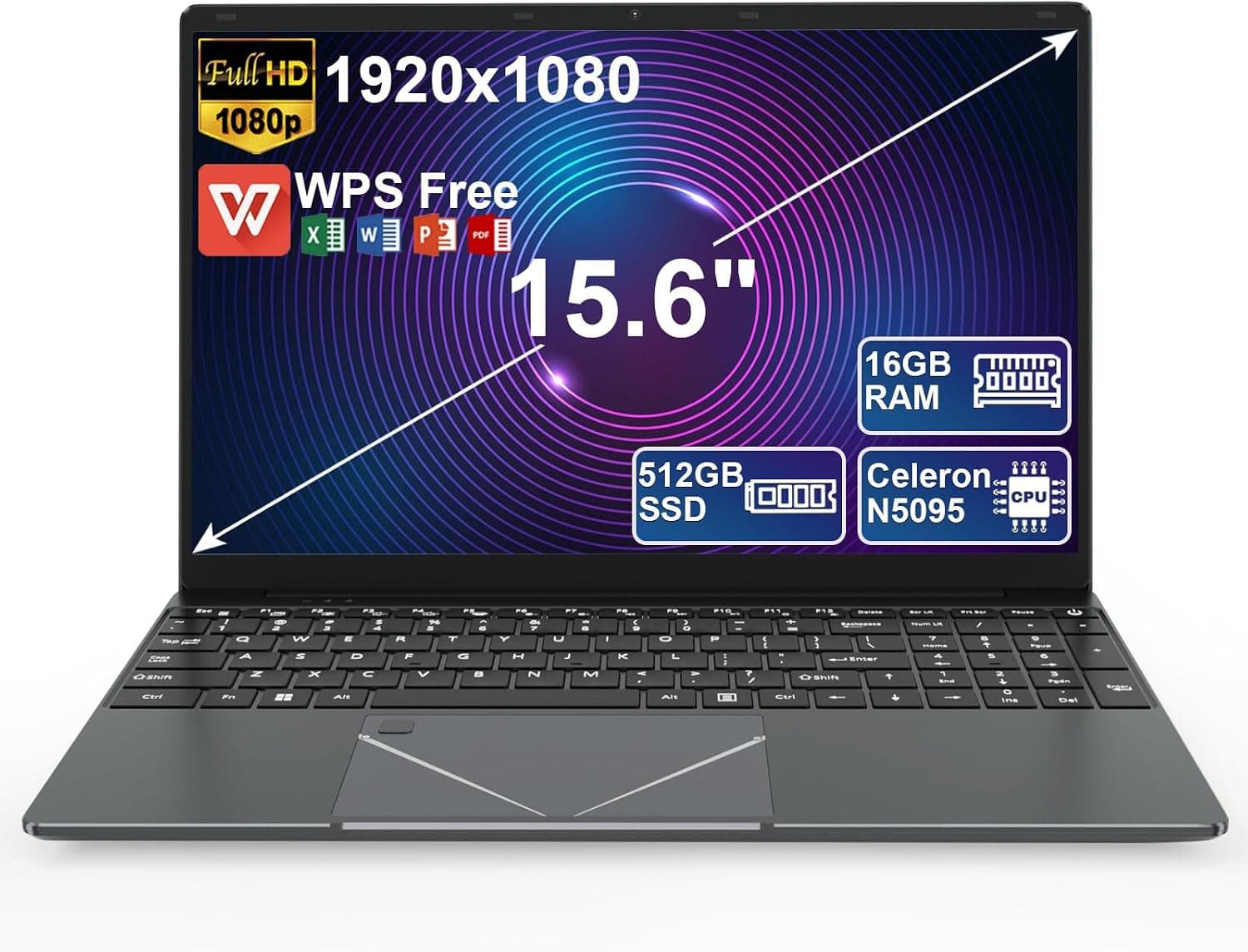 PINSTONE Ordinateur Portable 15,6 Pouces, PC Portable Celeron N5095 | 16 Go RAM 512 Go SSD, Écran Full HD, Lecteur d’empreintes, HDMI, WiFi 5, Bluetooth, pour Bureau et Études