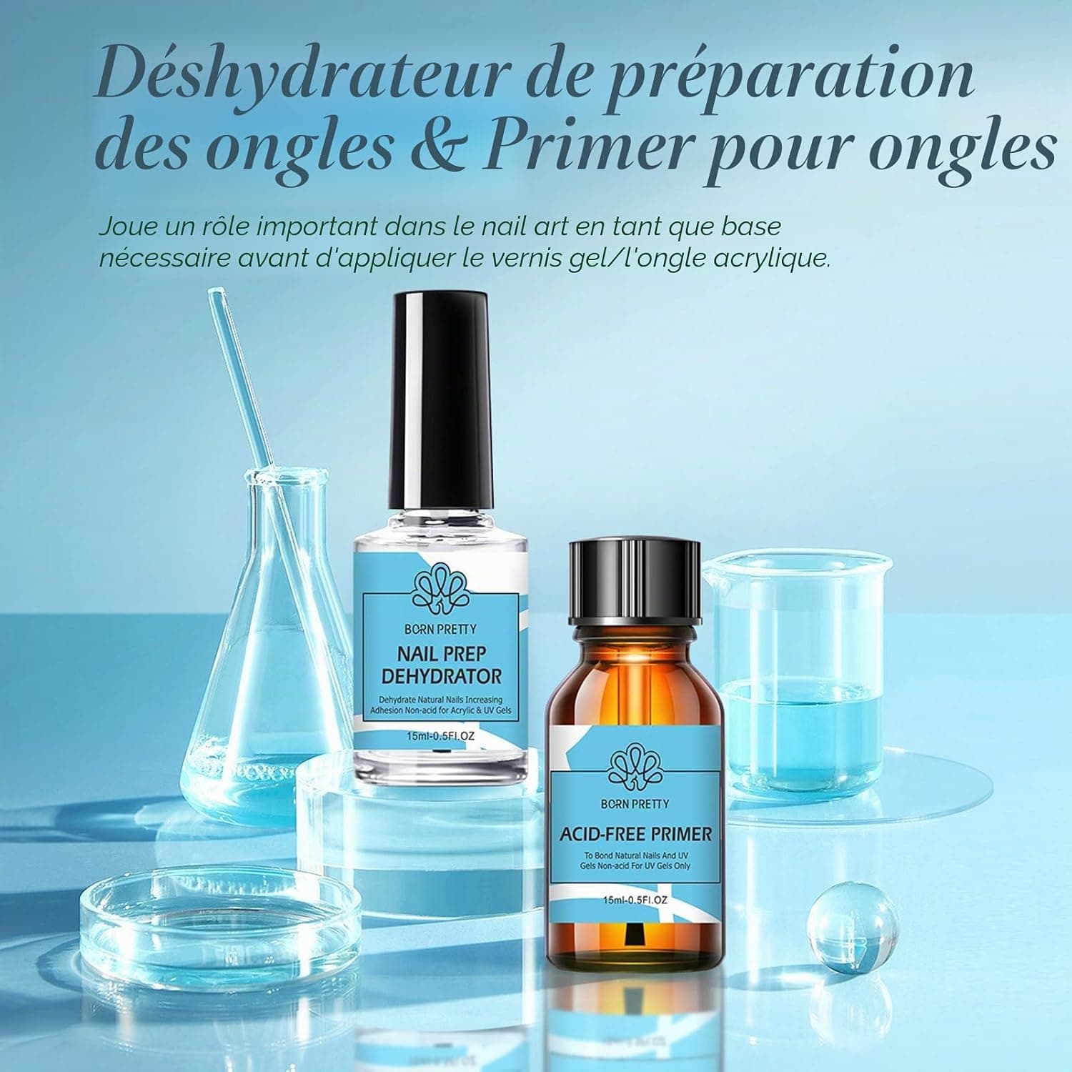 BORN PRETTY Primer Ongle Gel UV Déshydrateur Kit 2pcs 15ml | Nail Prep avant manucure pour acrylique et vernis semi permanent, améliore l'adhérence sur ongles naturels