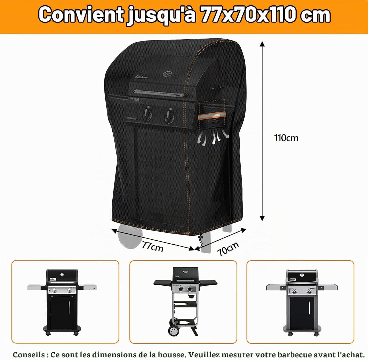 Housse Barbecue Exterieur, Oxford 600D Robuste Bache de Protection BBQ 77x70x110cm, Housse Plancha Gaz avec Bouche D'aération Anti-Vent/Anti-UV/Anti-l'eau/Anti-l'Humidité/Antipoussière Noir