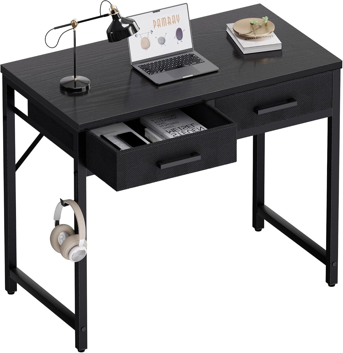 PAMRAY Petit Bureau d'ordinateur de 80 cm avec 2 tiroirs pour Chambre, étude, écriture, Bureau à Domicile pour Petits espaces, Noir