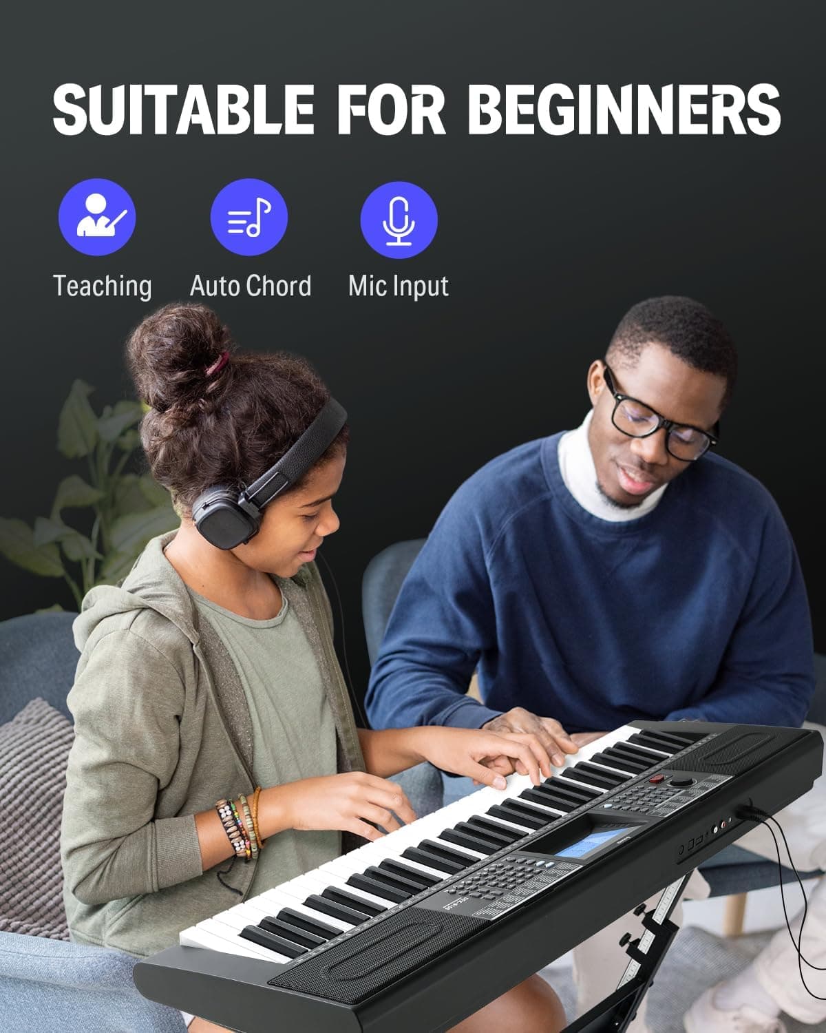 Donner Keyboard Piano 61 Key, Kit de clavier électrique avec 249 voix, 249 rythmes - Comprend un support de piano, un tabouret, un microphone, Cadeau pour les débutants, Noir(DEK-610S)