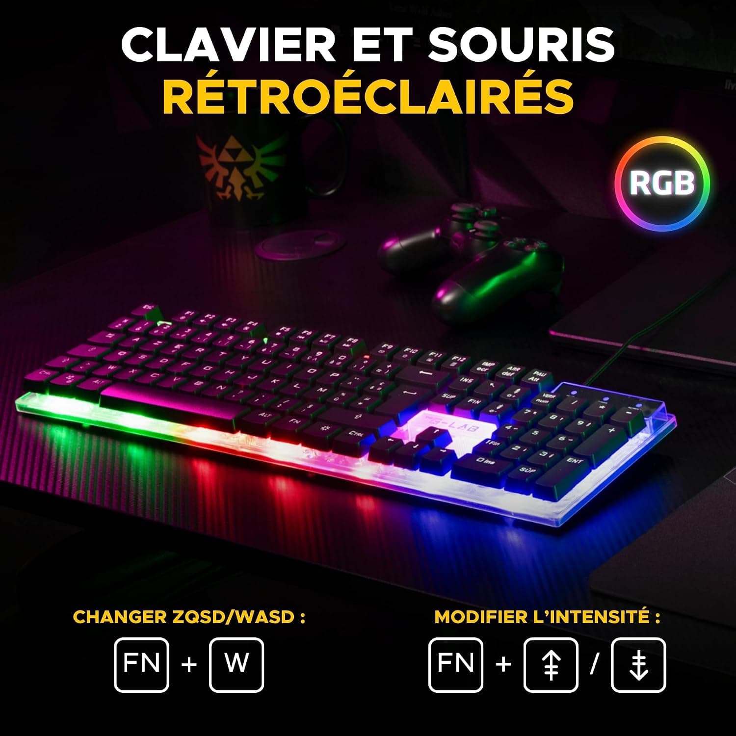 The G-Lab Combo Yttrium - Pack Gaming Clavier Souris Tapis RGB AZERTY FR | Clavier 105 Touches + Anti-Ghosting 19 Touches, Souris 2400 DPI, Tapis de Souris, RGB, Compatible PC/PS4/PS5