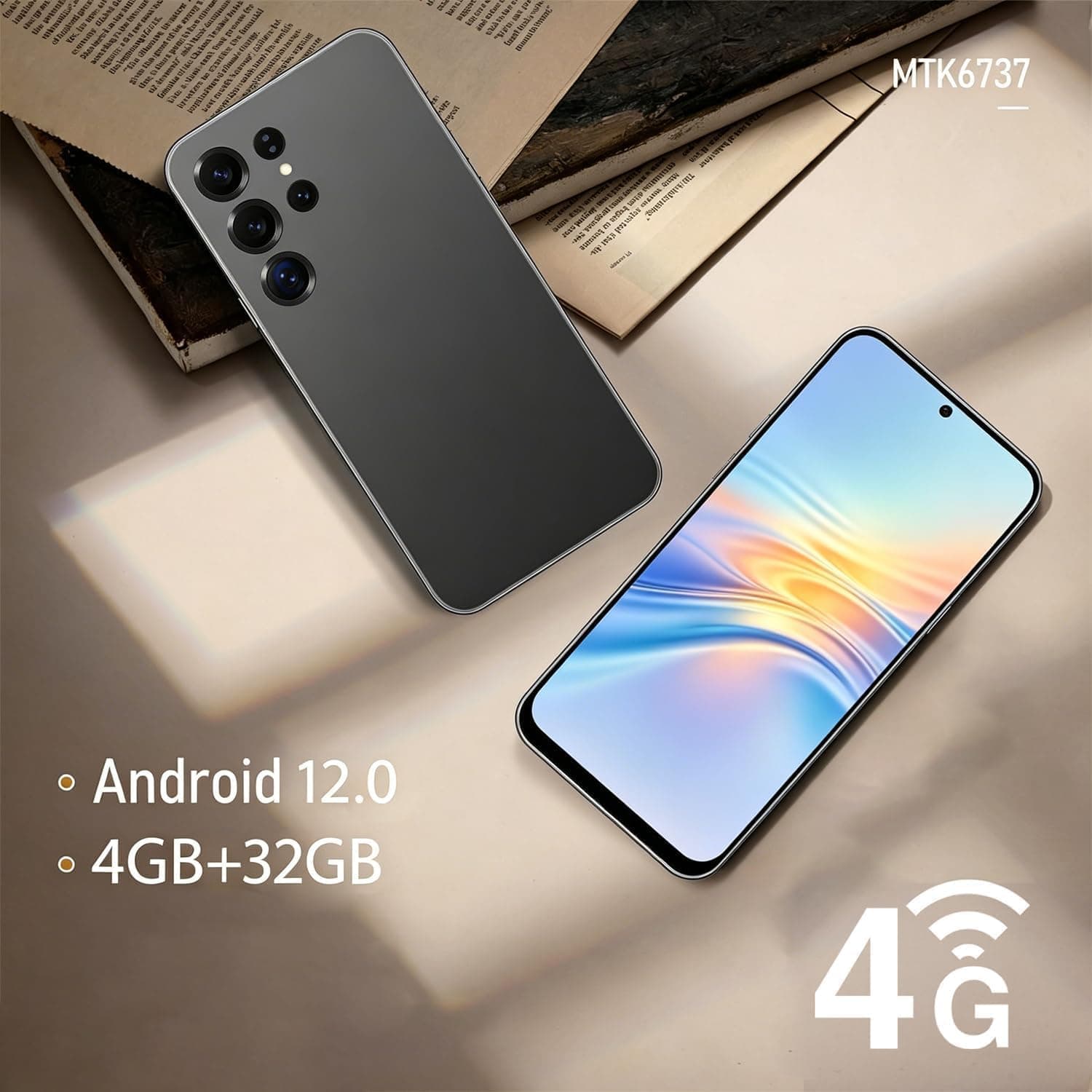 4G Smartphone déverrouillé, Android 12.0 Téléphones Mobiles avec écran HD + 6,6 '', 4GB + 32GB ROM / 256GB SD, 4G Double SIM Double Caméra, ID Visage + WiFi+GPS+OTG (Pink)