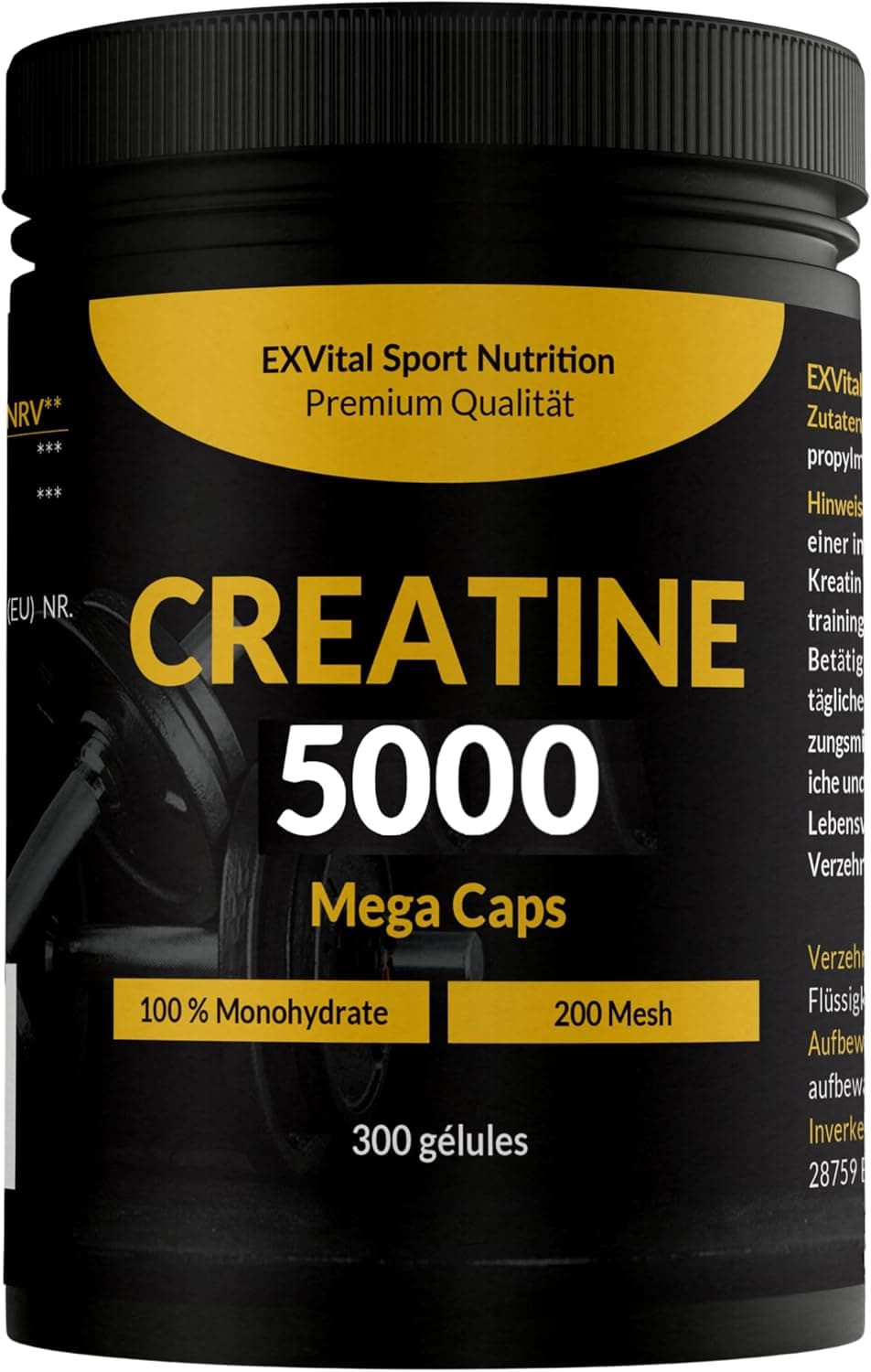 Créatine 5000 Mega Caps, 5000 mg de créatine monohydrate par dose journalière, 300 capsules véganes, 100% pure, Facteur Mesh 200, Végane et testée en laboratoire