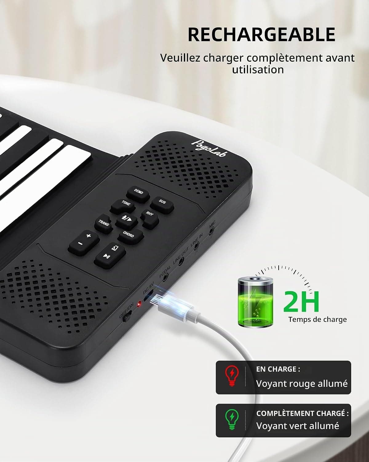 POGOLAB Clavier Piano 88 Touches Enroulable - Souple Avec 14 Démos/128 Rythmes/128 Tonalités, Pliable Portable Avec Pédale, Bluetooth, Numérique Pour Débutants