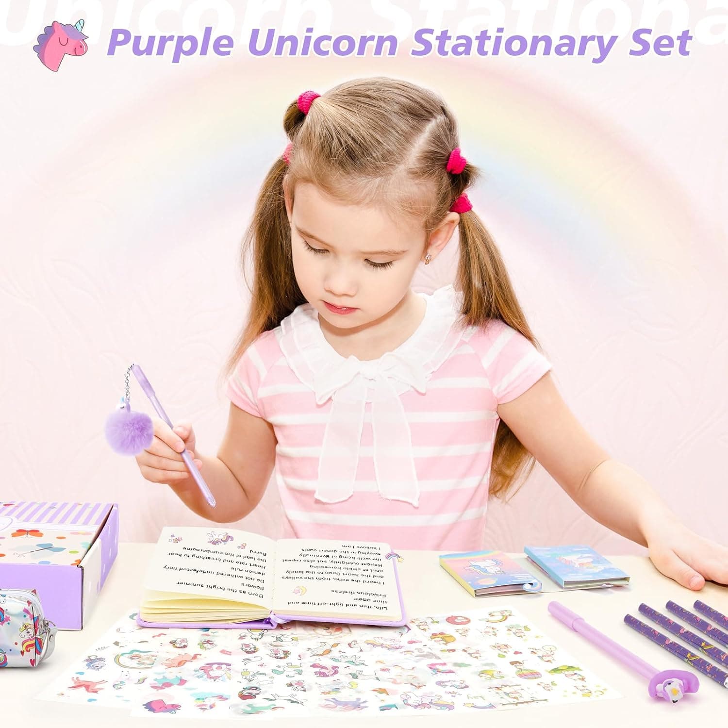 Cadeau de Papeterie Licorne pour Fille 6 7 8 9 10 11 12 Ans, Trousse, Stylo, Crayon et Carnet de Licorne, Ensemble de Jouets Licorne pour Filles, Violet