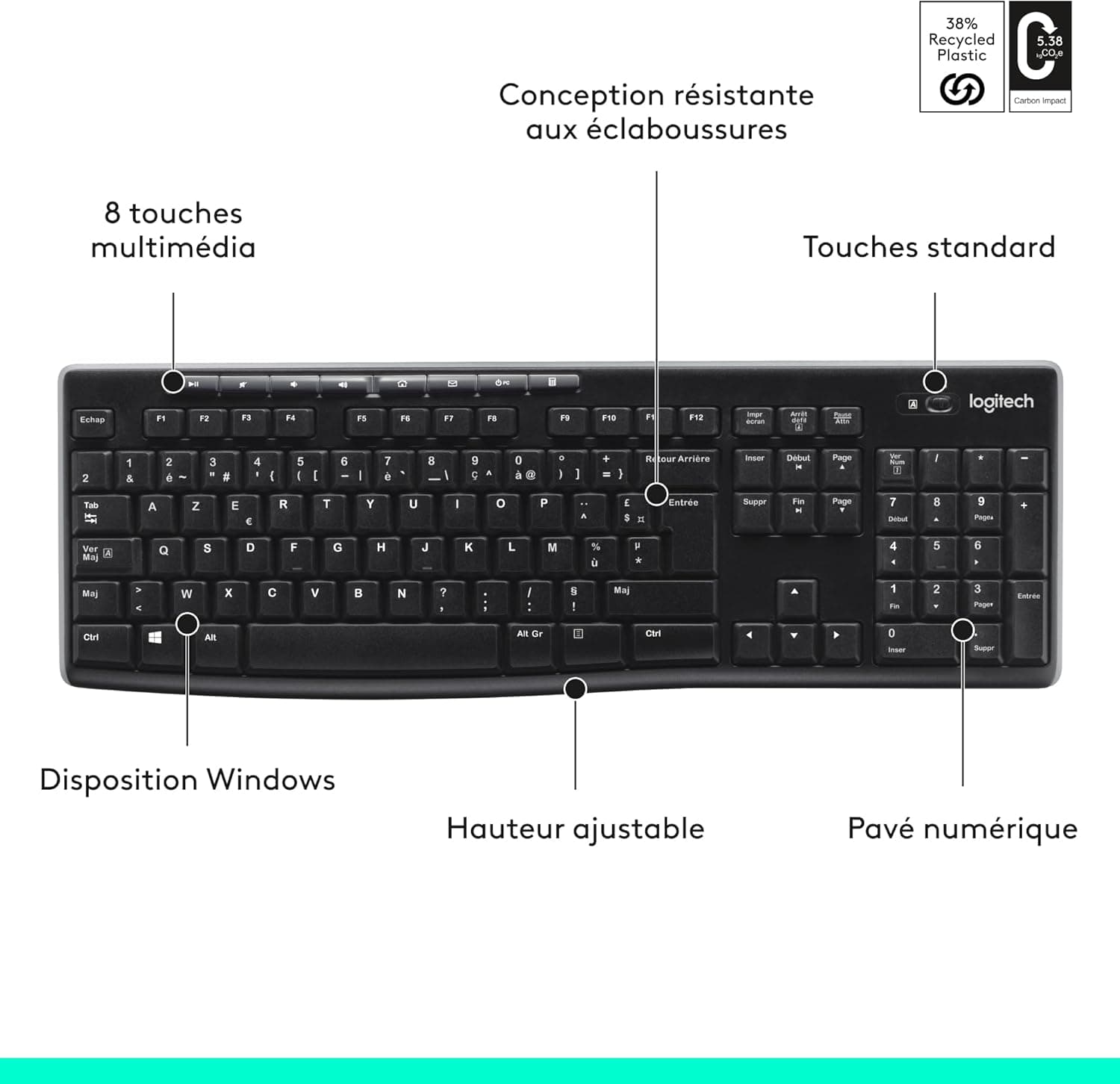 Logitech K270 Clavier Sans Fil pour Windows | Clavier sans fil 2.4 GHz, Taille Standard, Pavé Numérique, 8 Touches Multimédia, PC/Portable, AZERTY - Noir