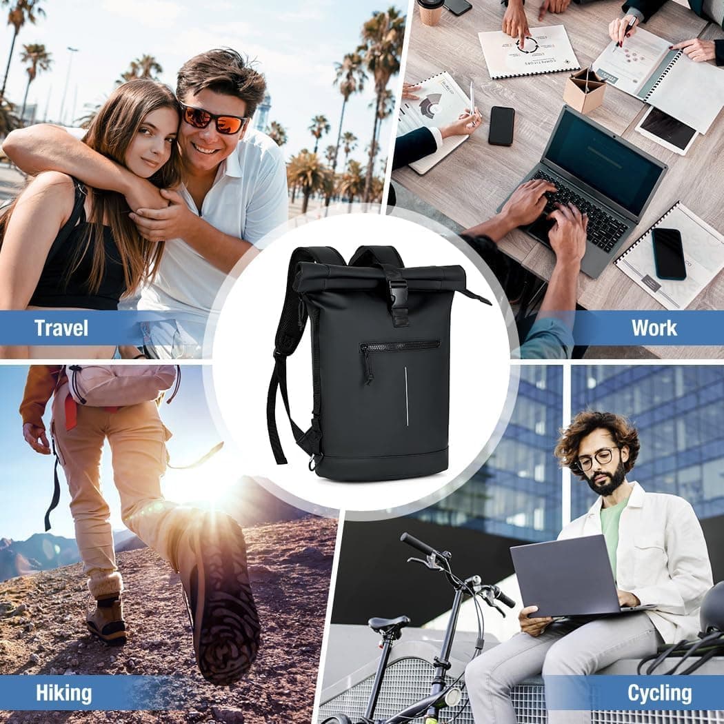 Lekeinchi Sac à Dos Rolltop Elegant Homme Femme Portable PC 17 Pouces, Noir | Imperméable, Rains Sac à Dos avec Bandes Réfléchissantes, Sac à Dos de Voyage Extensible Décontracté Travail College