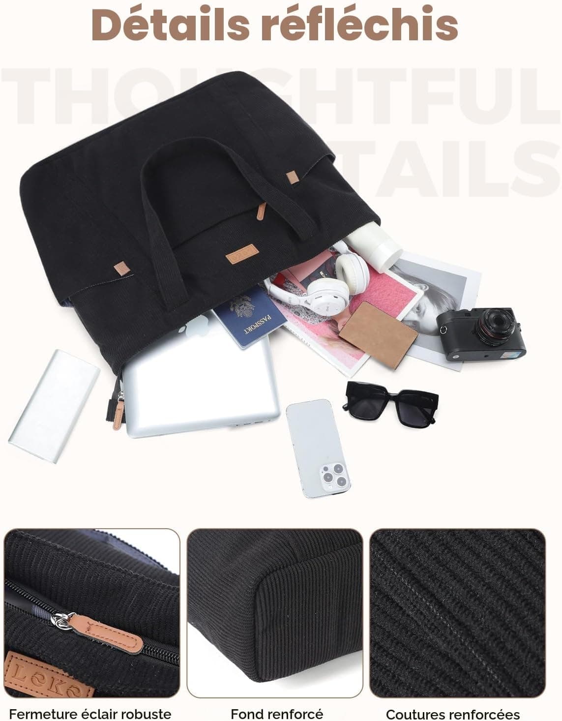 Lekesping Sac Fourre-Tout Femme Grand en Velours Côtelé, Bandouliere Cabas avec Fermeture Éclair et Poches, Léger Sac a Main Ordinateur 17 Pouces pour Voyage Shopping Université et Usage Quotidien