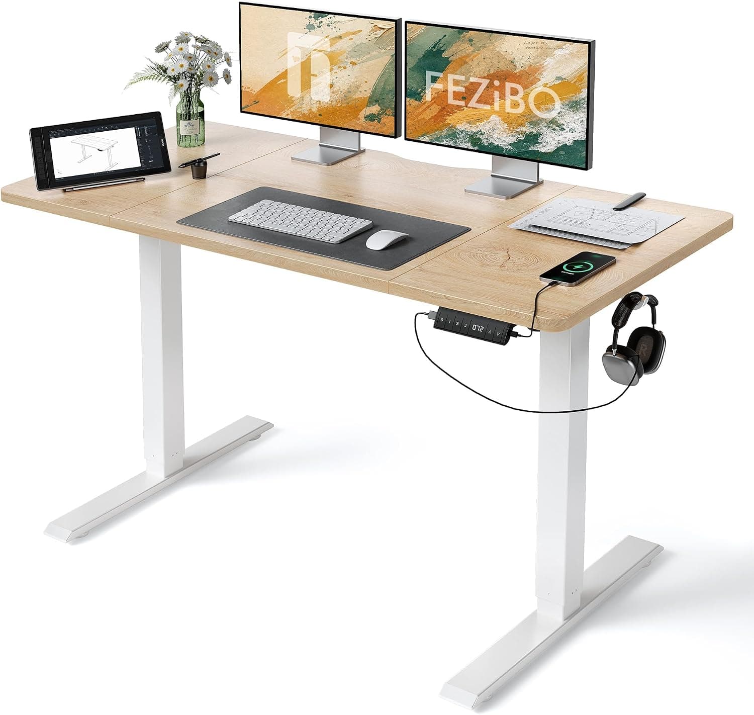 FEZIBO Bureau Assis Debout avec Ports de Charge USB-C&USB-A 140×70 cm