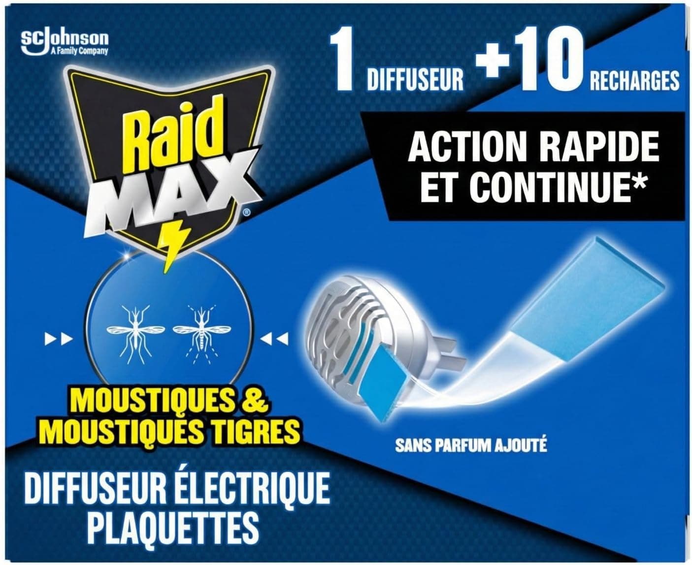 Raid Max Diffuseur Electrique Plaquettes - Anti-Moustiques et Moustiques Tigres - Protection Efficace - Sans Parfum - 1 Diffuseur + 10 Recharges