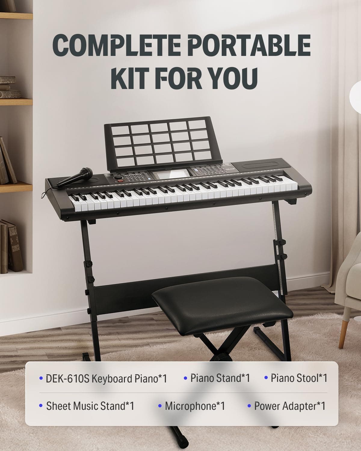 Donner Keyboard Piano 61 Key, Kit de clavier électrique avec 249 voix, 249 rythmes - Comprend un support de piano, un tabouret, un microphone, Cadeau pour les débutants, Noir(DEK-610S)