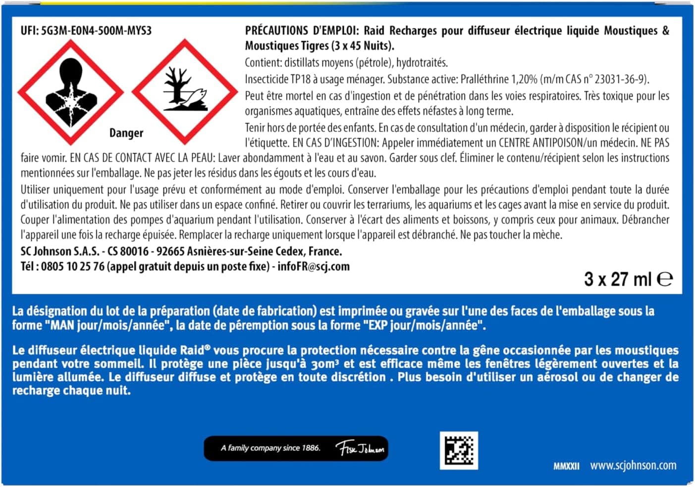 Raid Recharge 3en1 Electrique Liquide Moustiques & Moustiques Tigres - 3 Recharges 45 Nuits