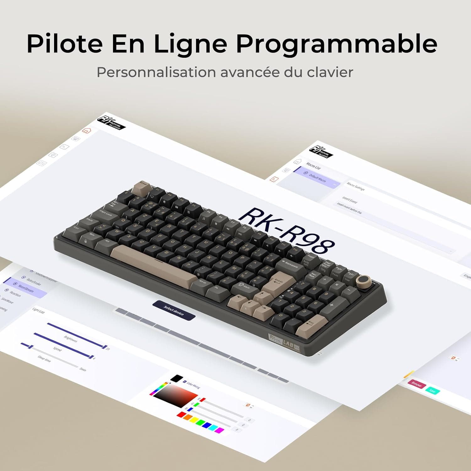 RK ROYAL KLUDGE R98 Pro Clavier Mécanique Filaire, Clavier Gamer 96% AZERTY, Rétroéclairage RGB, Touches PBT, Gasket Structure, Molette de Volume, Hot-Swap Switch Creamy Linéaire Pré-lubrifié