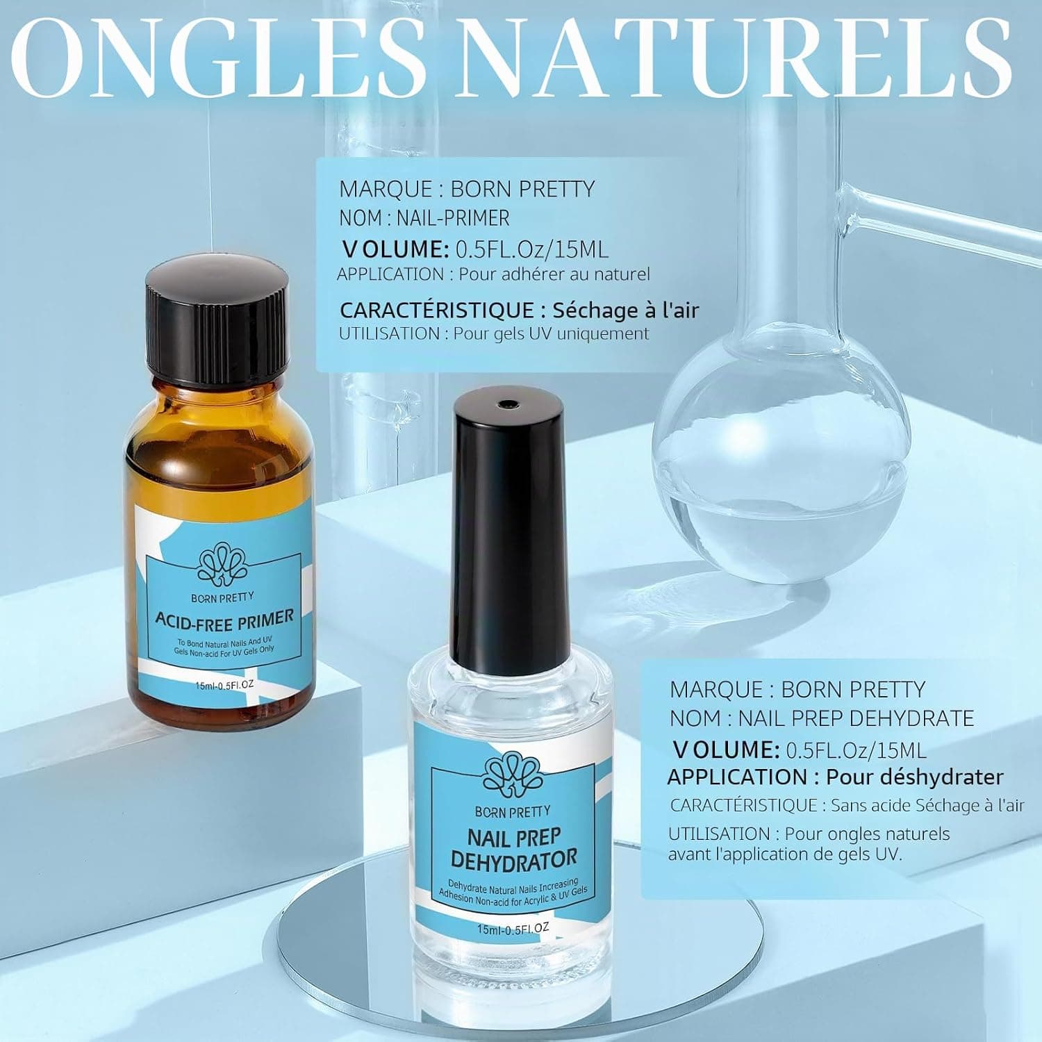 BORN PRETTY Primer Ongle Gel UV Déshydrateur Kit 2pcs 15ml | Nail Prep avant manucure pour acrylique et vernis semi permanent, améliore l'adhérence sur ongles naturels