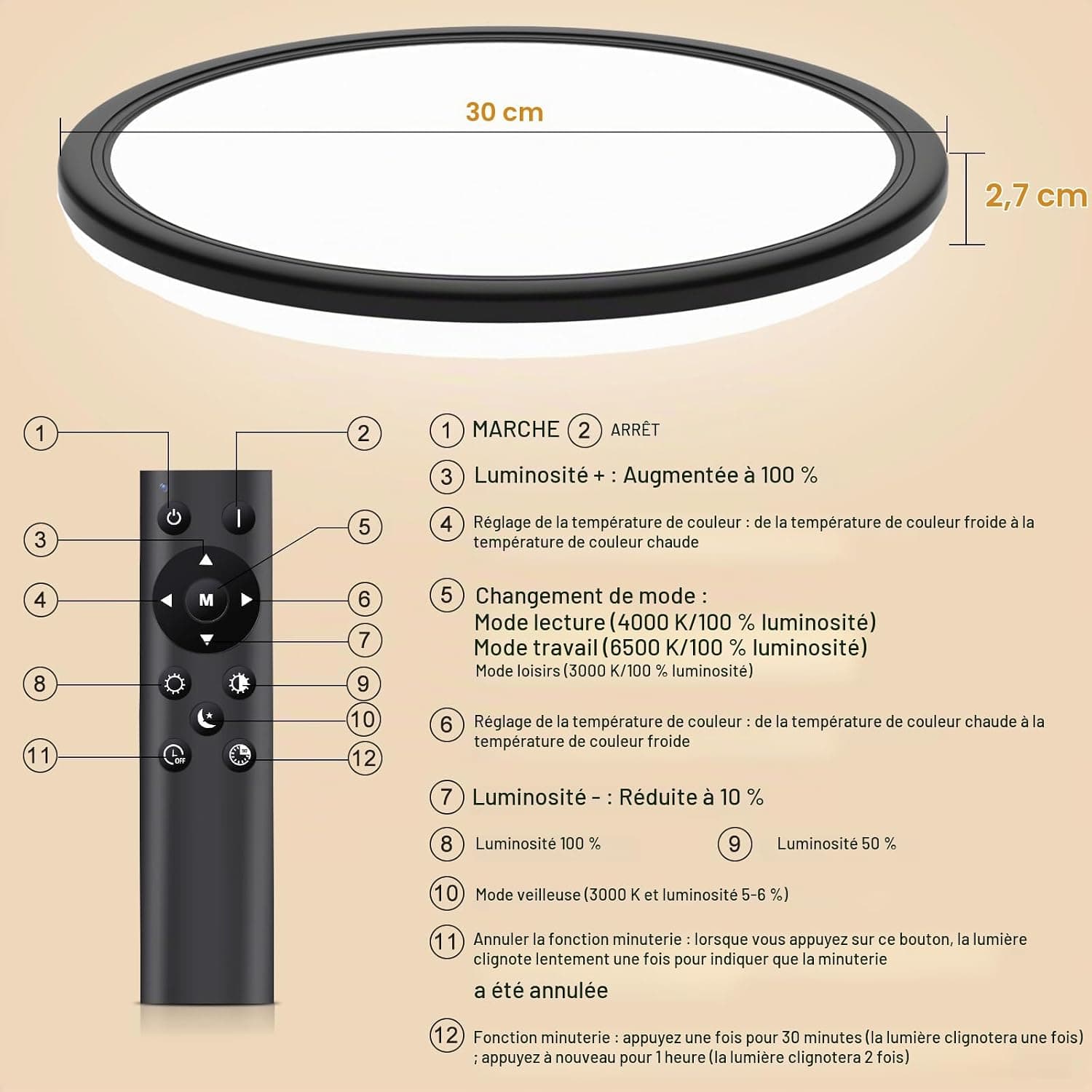OUILA Plafonnier Led Telecommande, Dimmable Plafonnier Télécommande 24W Réglable Ø30cm 3000K-6500K Plafond Led Moderne Rond 2400LM Applicable Salle de Bain, Chambre, Cuisine, Salon(Noir)