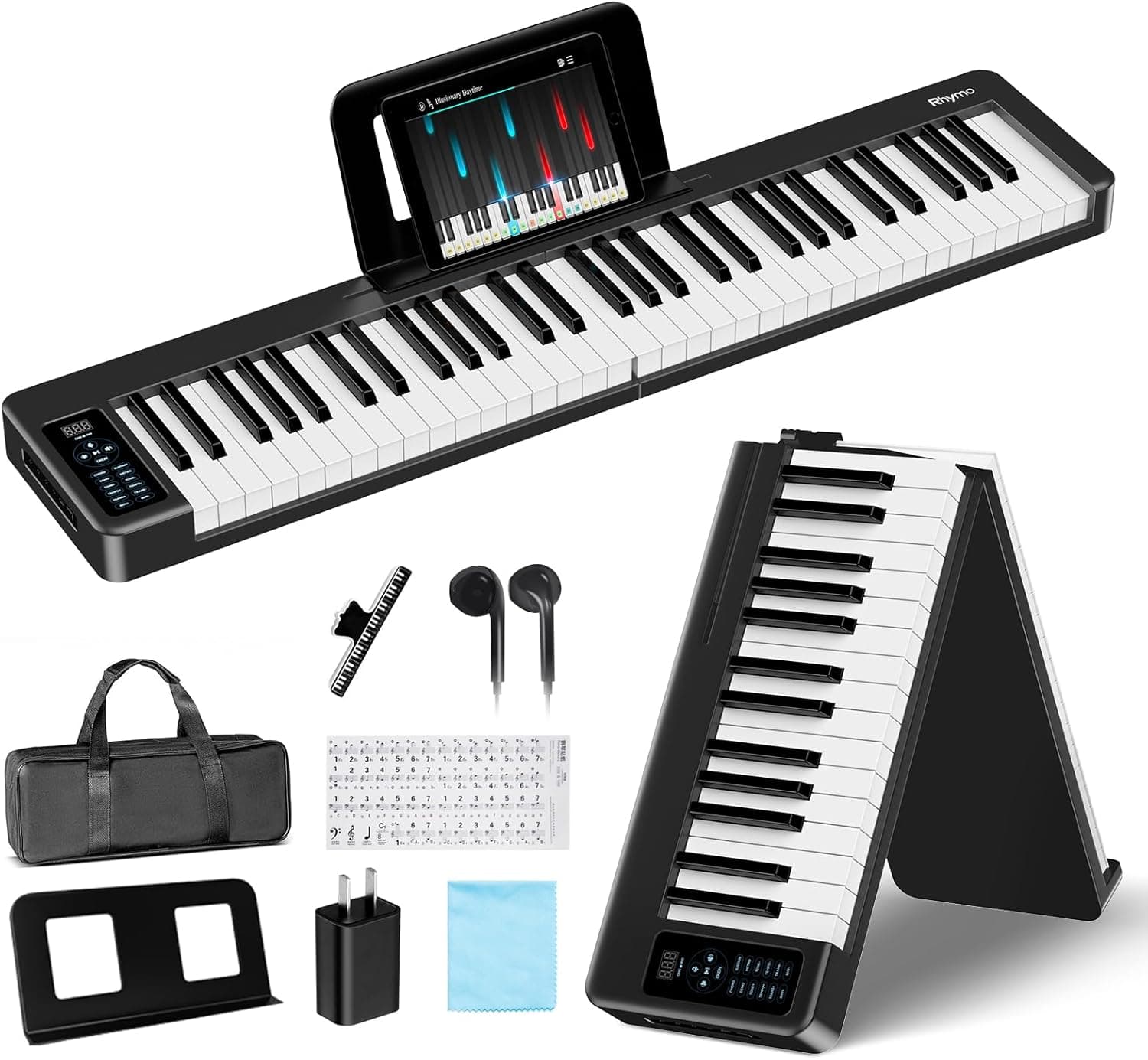 Rhymo Clavier de piano pliant, piano électrique sensible à 61 touches, clavier électrique portable lesté avec Bluetooth MIDI, clavier numérique pliable pour débutant