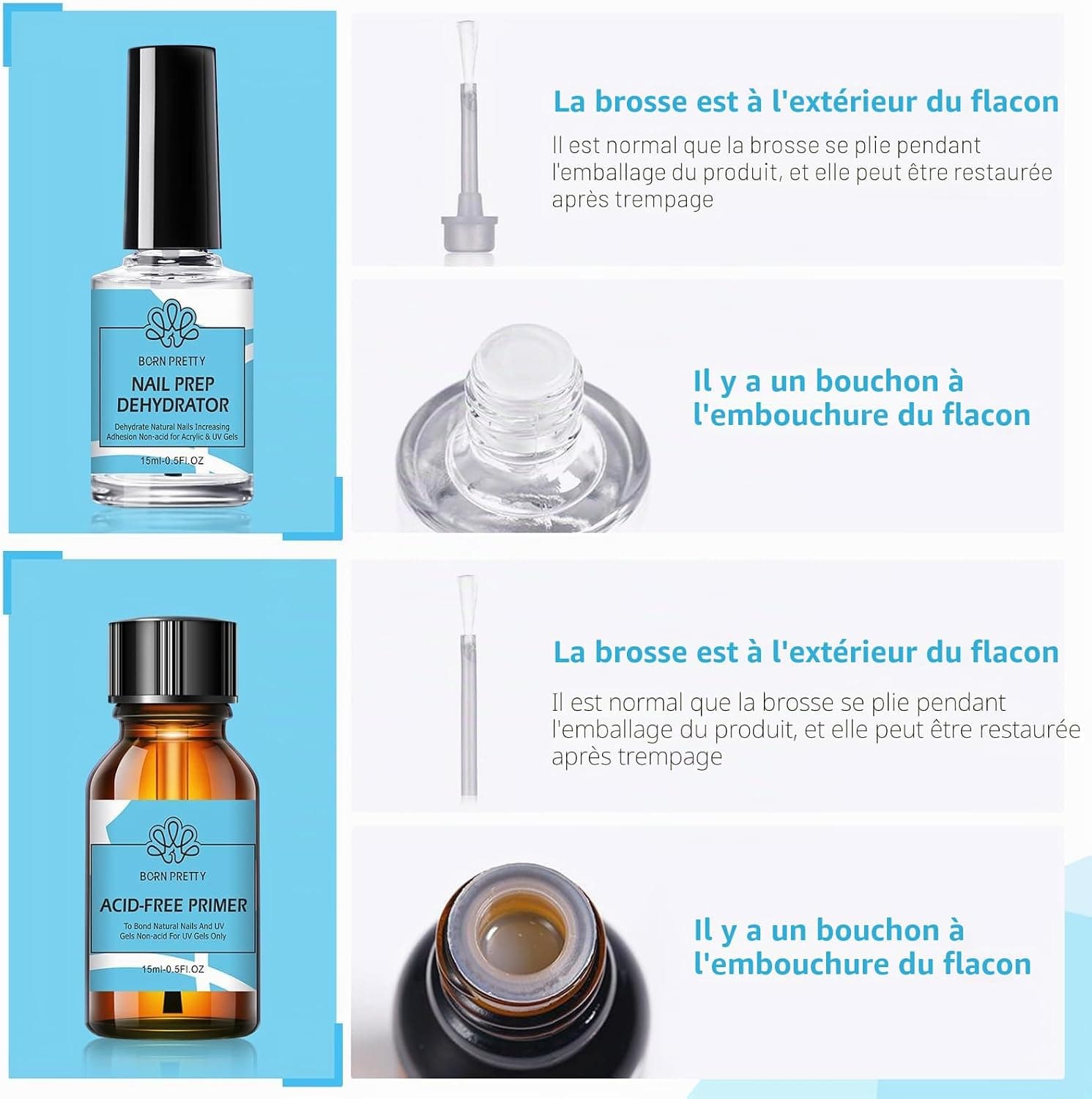 BORN PRETTY Primer Ongle Gel UV Déshydrateur Kit 2pcs 15ml | Nail Prep avant manucure pour acrylique et vernis semi permanent, améliore l'adhérence sur ongles naturels