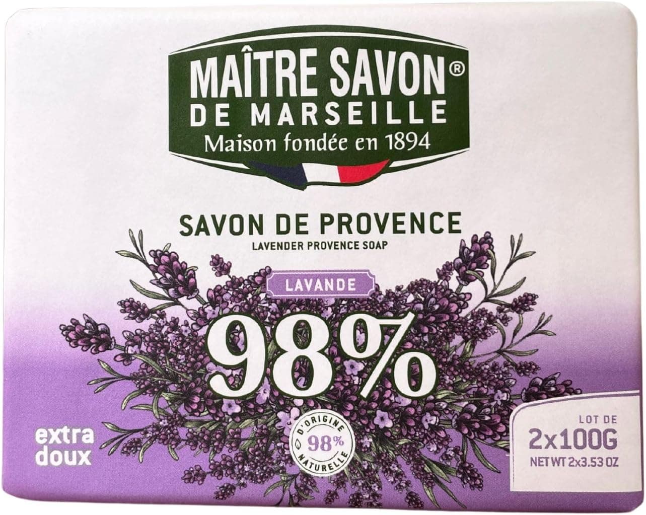 Maître Savon de Marseille - Savon de Provence Lavande – Extra Doux – 2x100g – 99% Ingrédients Naturels – Corps & Mains