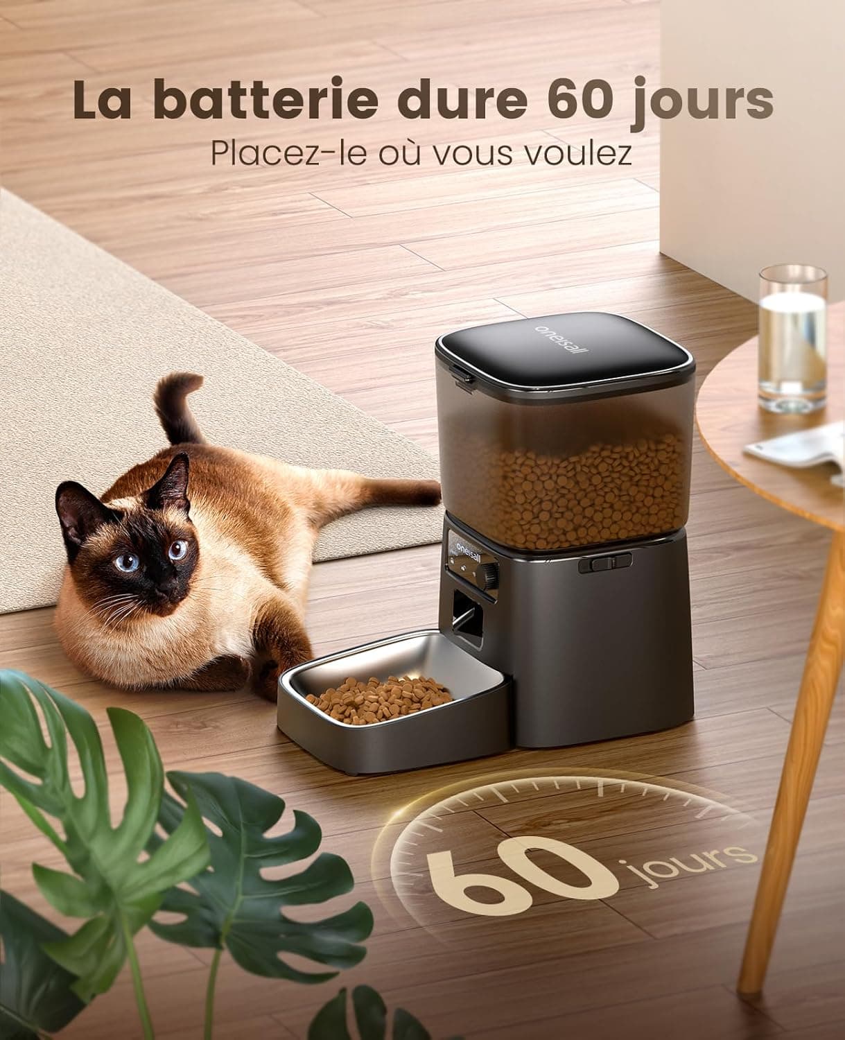 oneisall 3.5L Distributeur Croquettes Chat Automatique WiFi 2,4 GHz, Noir | Distributeur de Nourriture avec APP, Gamelle Automatique pour Chat/Chiens, Mangeoire Programmable, 1-10 Repas/Jour, Bol Inox