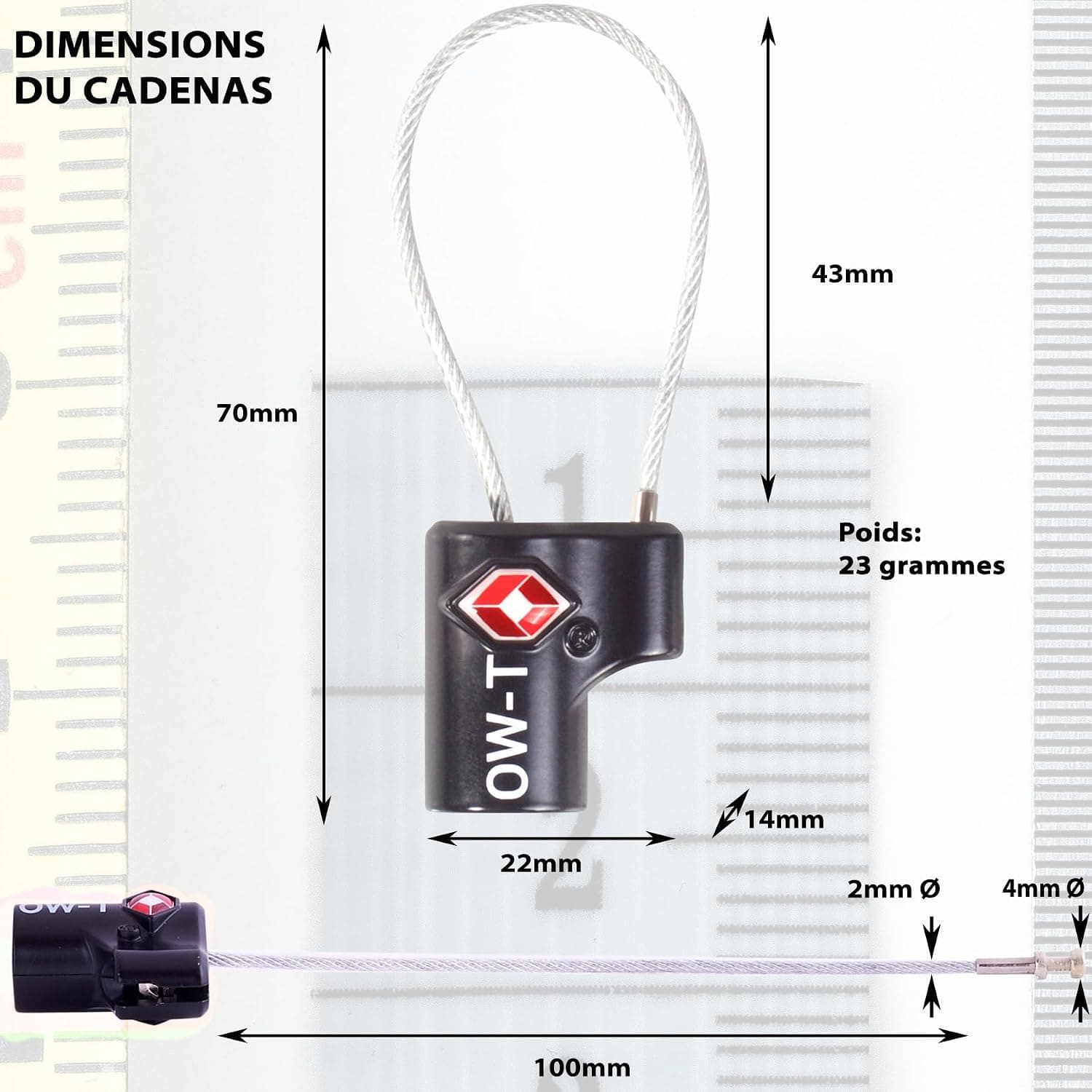 OW-Travel Cadenas Valise Avion, Mini Cadenas TSA à Câble à Clé Noir 1 Pc