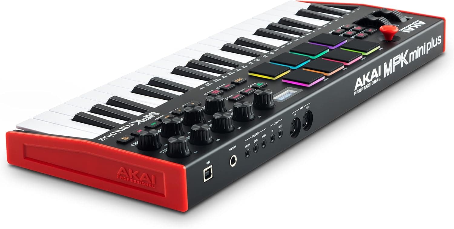 Akai Professional MPK Mini Plus Clavier MIDI USB 37 Touches | Touches Mini Sensibles à la Vélocité, 8 Pads MPC, Séquenceur 64 Pas, E/S MIDI/CV/Gate, Logiciels Inclus, pour Beatmakers