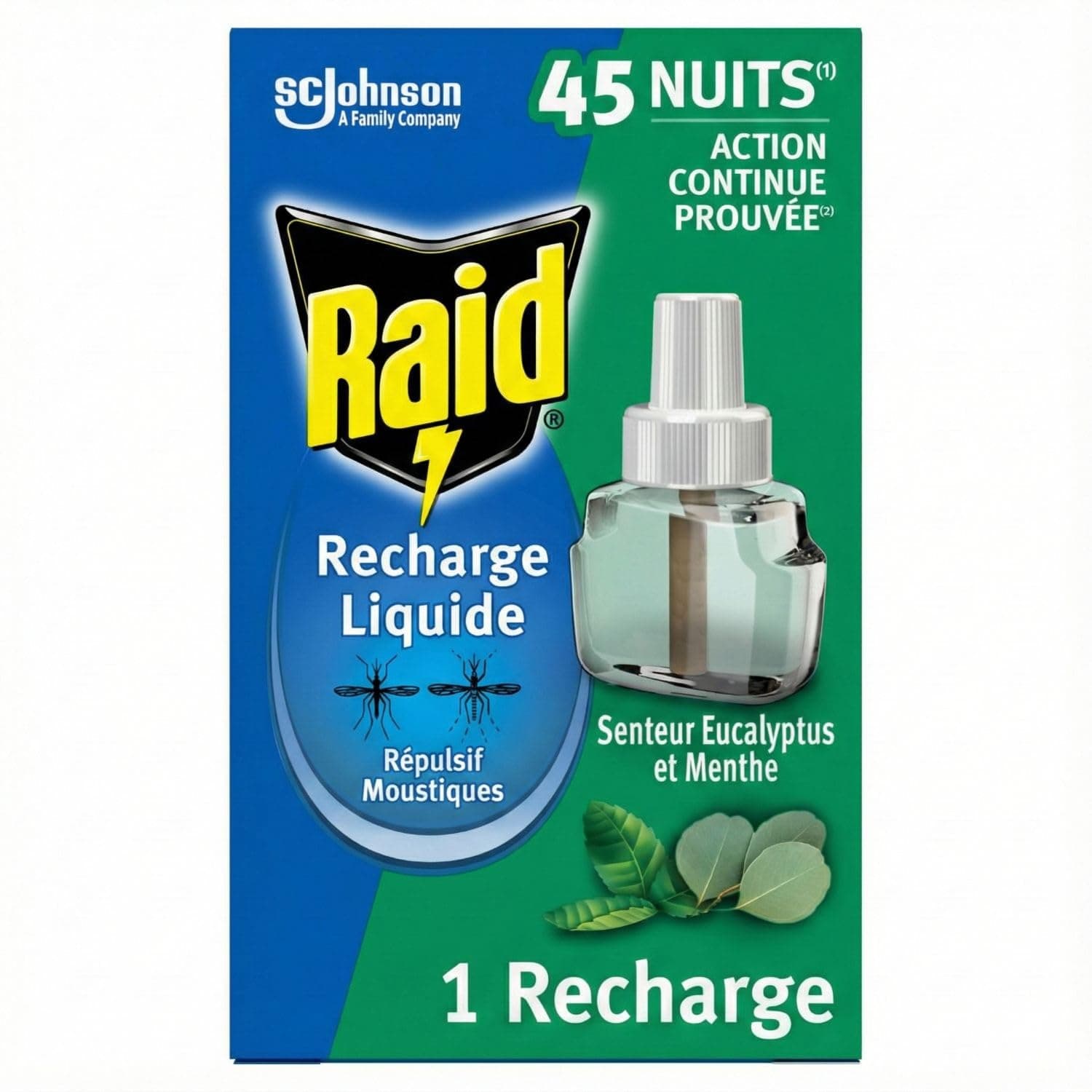 Raid Recharge Diffuseur Electrique Liquide - Répulsif Anti-Moustiques et Moustiques Tigres 45 Nuits - Senteur Eucalyptus et Menthe - 1 Recharge