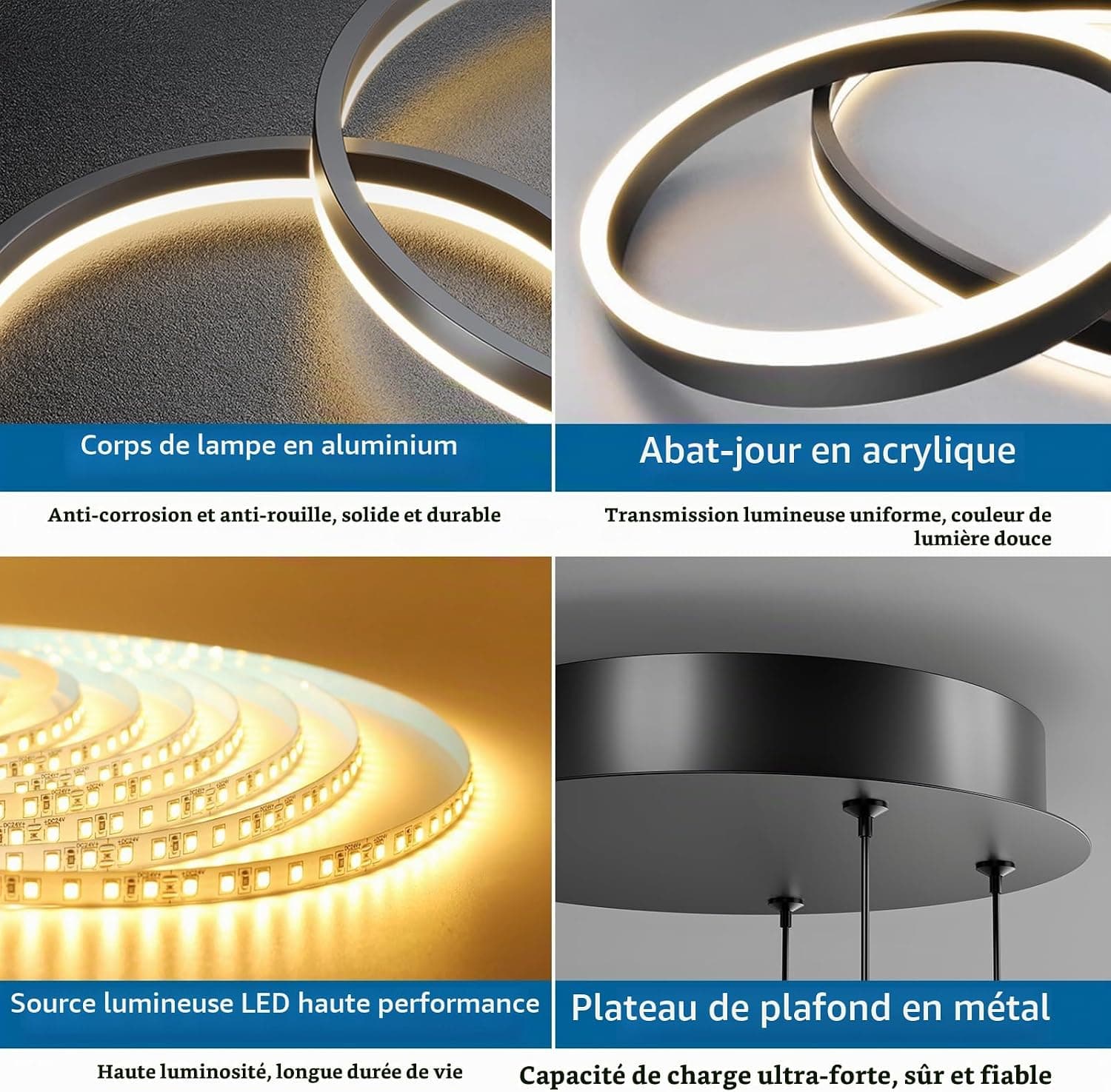 Mikeru 3 Anneaux Lampe Pendante Ronde, Suspension 20+40+60cm Lampe Pendante Télécommandée De 10% à 100% 3000k/4500k/6500k Plafonniers Modernes à Intensité Variable Pour Salon, Librairie