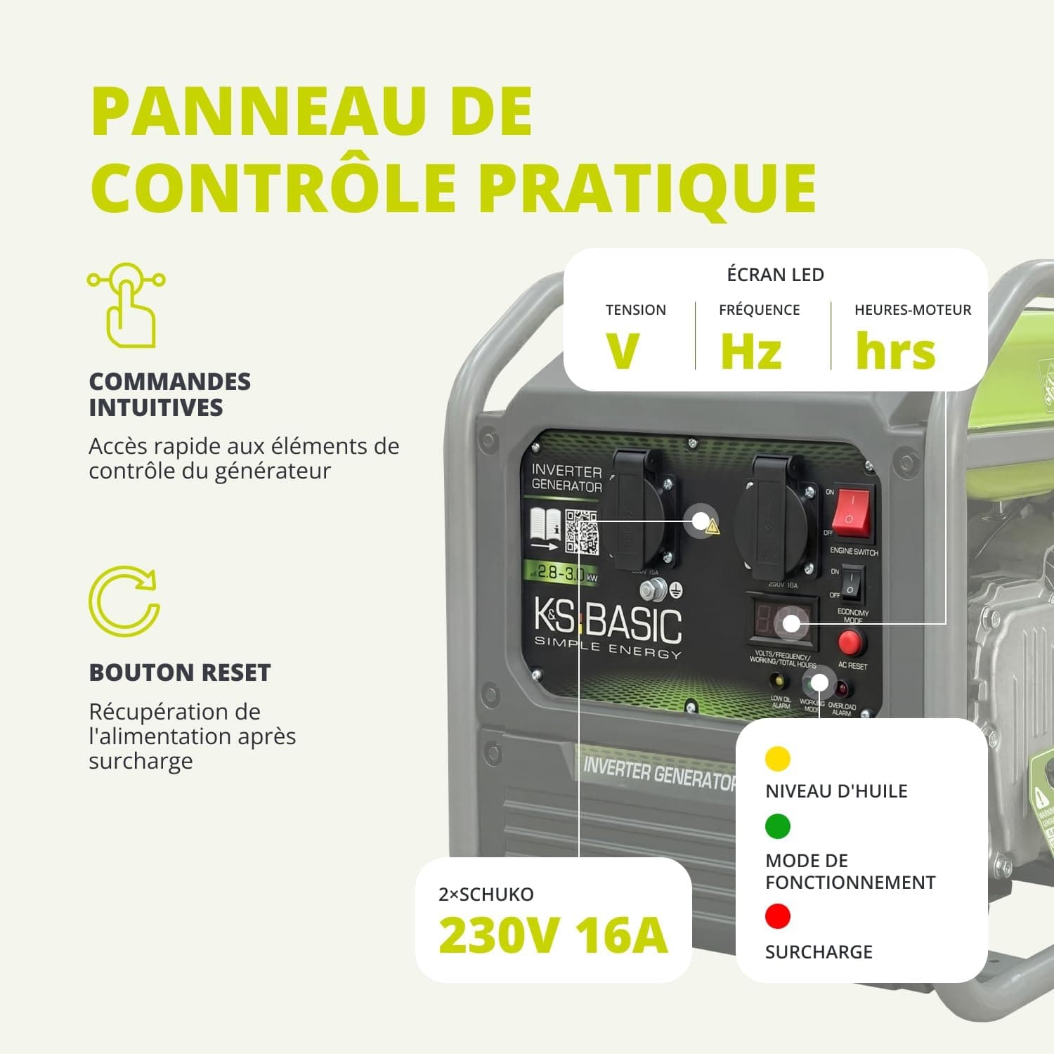 K&S Basic 30i Générateur onduleur 2800 W, 3000 W maximum, générateur de secours compact à essence, onde sinusoïdale pure, générateur de courant avec mode éco, pour la maison, le camping et les travaux