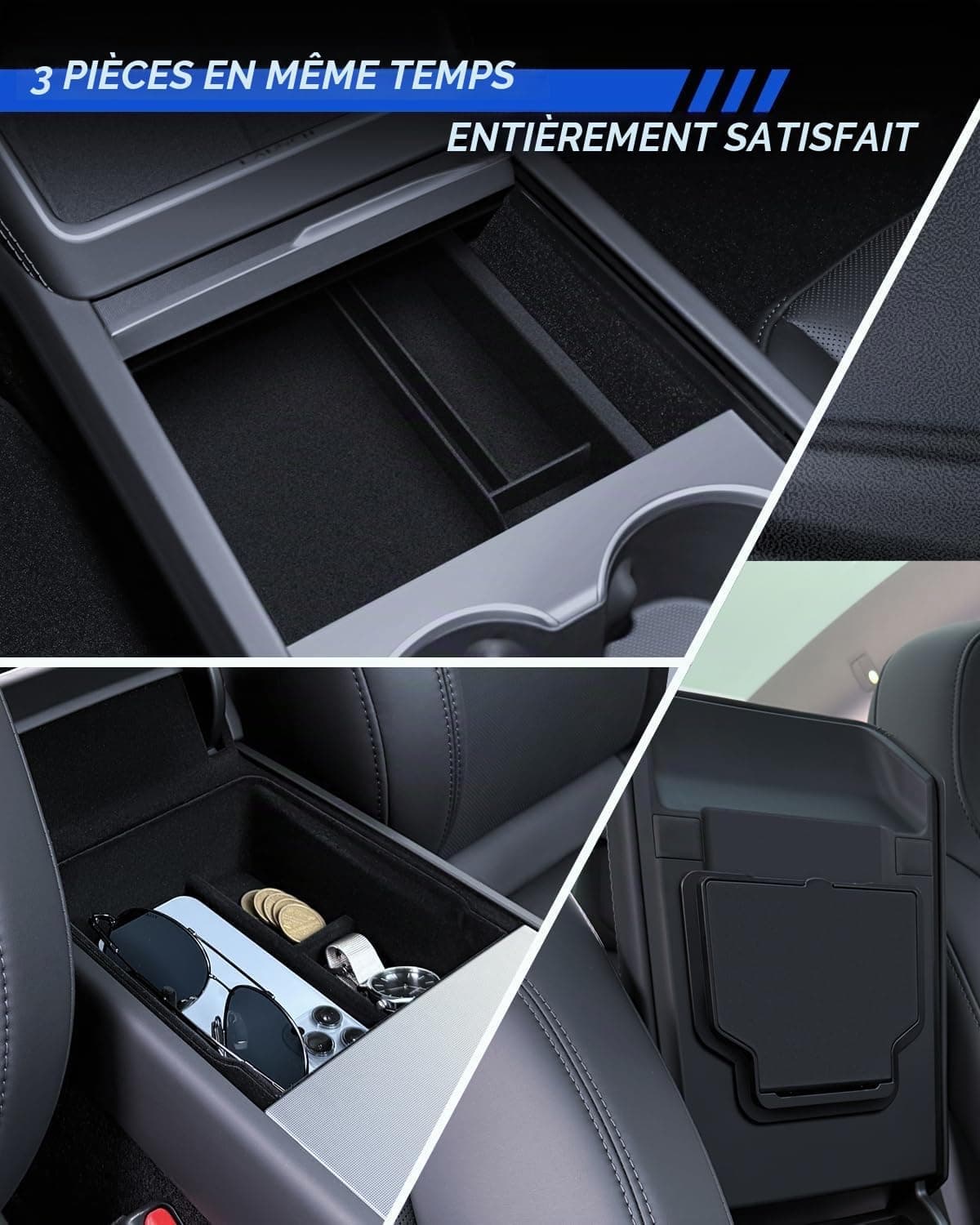 Lot de 3 accessoires pour Tesla Model Y 2025-2026 Juniper - Organiseur de console centrale - Boîte de rangement pour accoudoir et boîte cachée (flocage)
