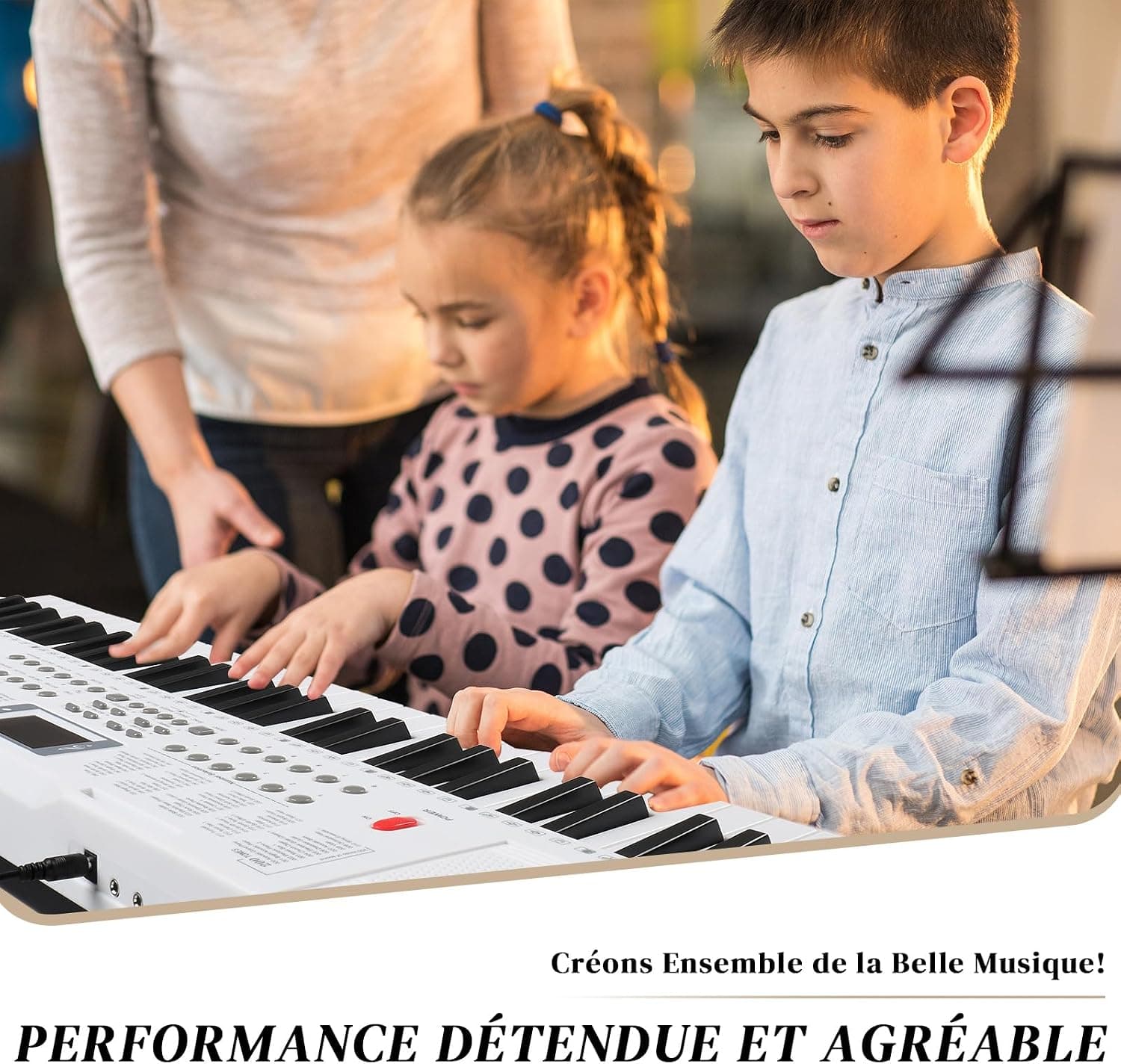 LALAHO Clavier Piano 61 Touches avec Support de Clavier, Banc de Piano, Piano Numérique avec Casque, Pupitre, Microphone, Écran LED, pour Débutants (Blanc)