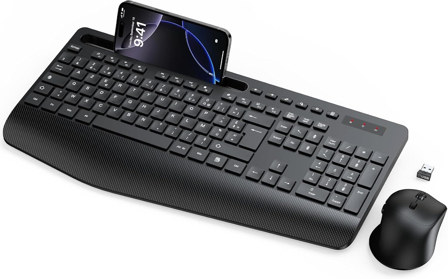 Clavier et Souris sans Fil, Ergonomique Pleine Taille, Repose-Poignet, 3DPI | Support, Mode Veille, 12 Raccourcis Clavier, 2,4 GHz Silencieux Clavier Souris pour Windows, PC, Laptop, AZERTY-KM23 (Noir)