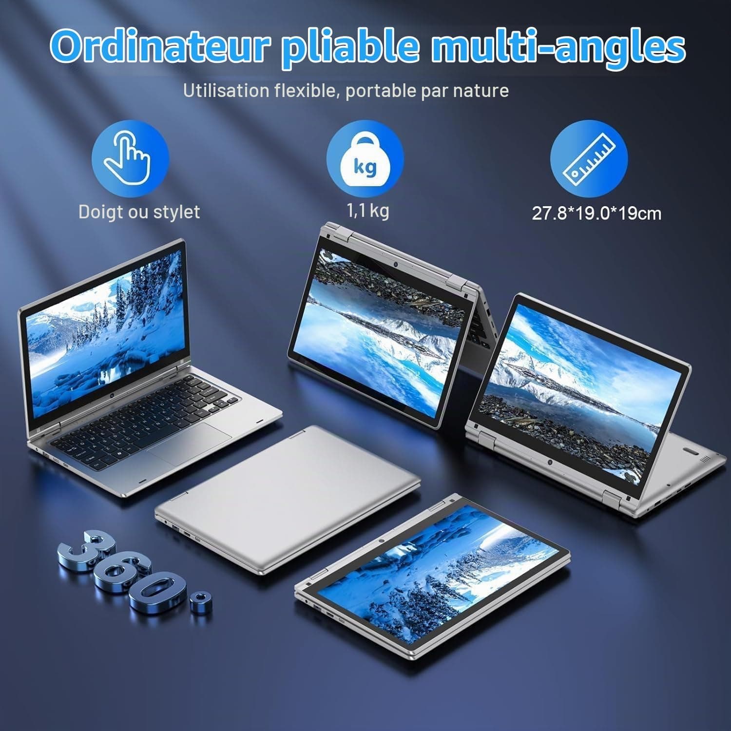 PINSTONE 11,6 Pouces Ordinateur Portable - Celeron N4020 6 Go de RAM 128 Go de SSD, Mini PC Portable Tactile Pliable à 360°, 2,4/5 GHz WiFi, Bluetooth 4.2, Mini HDMI, Laptop Extension par SD - Argent