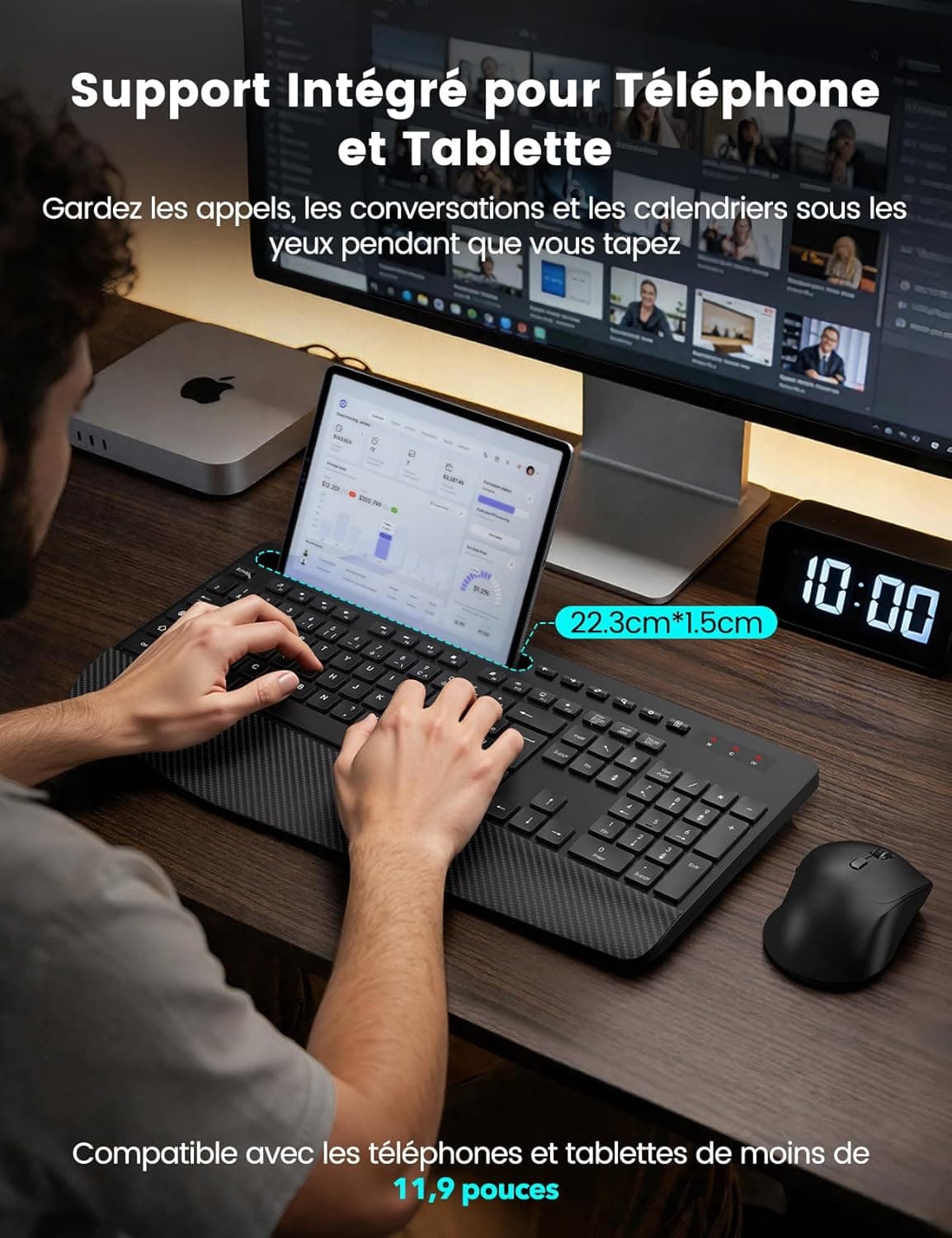 Clavier et Souris sans Fil, Ergonomique Pleine Taille, Repose-Poignet, 3DPI | Support, Mode Veille, 12 Raccourcis Clavier, 2,4 GHz Silencieux Clavier Souris pour Windows, PC, Laptop, AZERTY-KM23 (Noir)
