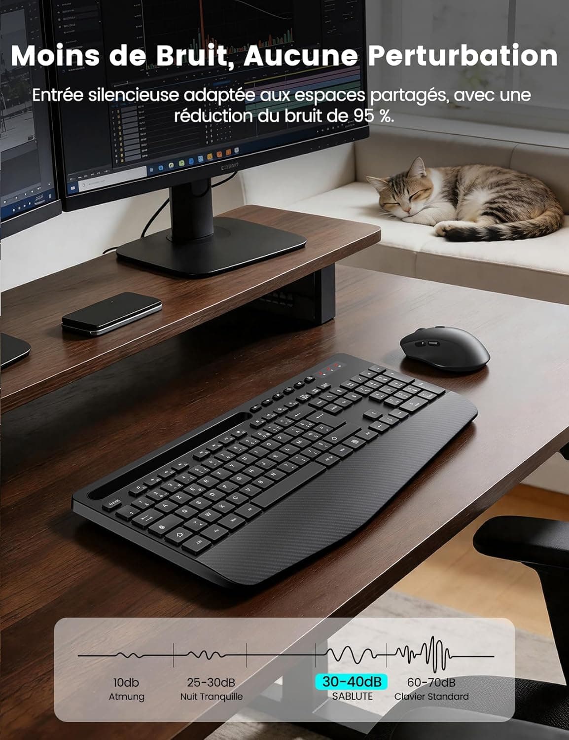 Clavier et Souris sans Fil, Ergonomique Pleine Taille, Repose-Poignet, 3DPI | Support, Mode Veille, 12 Raccourcis Clavier, 2,4 GHz Silencieux Clavier Souris pour Windows, PC, Laptop, AZERTY-KM23 (Noir)
