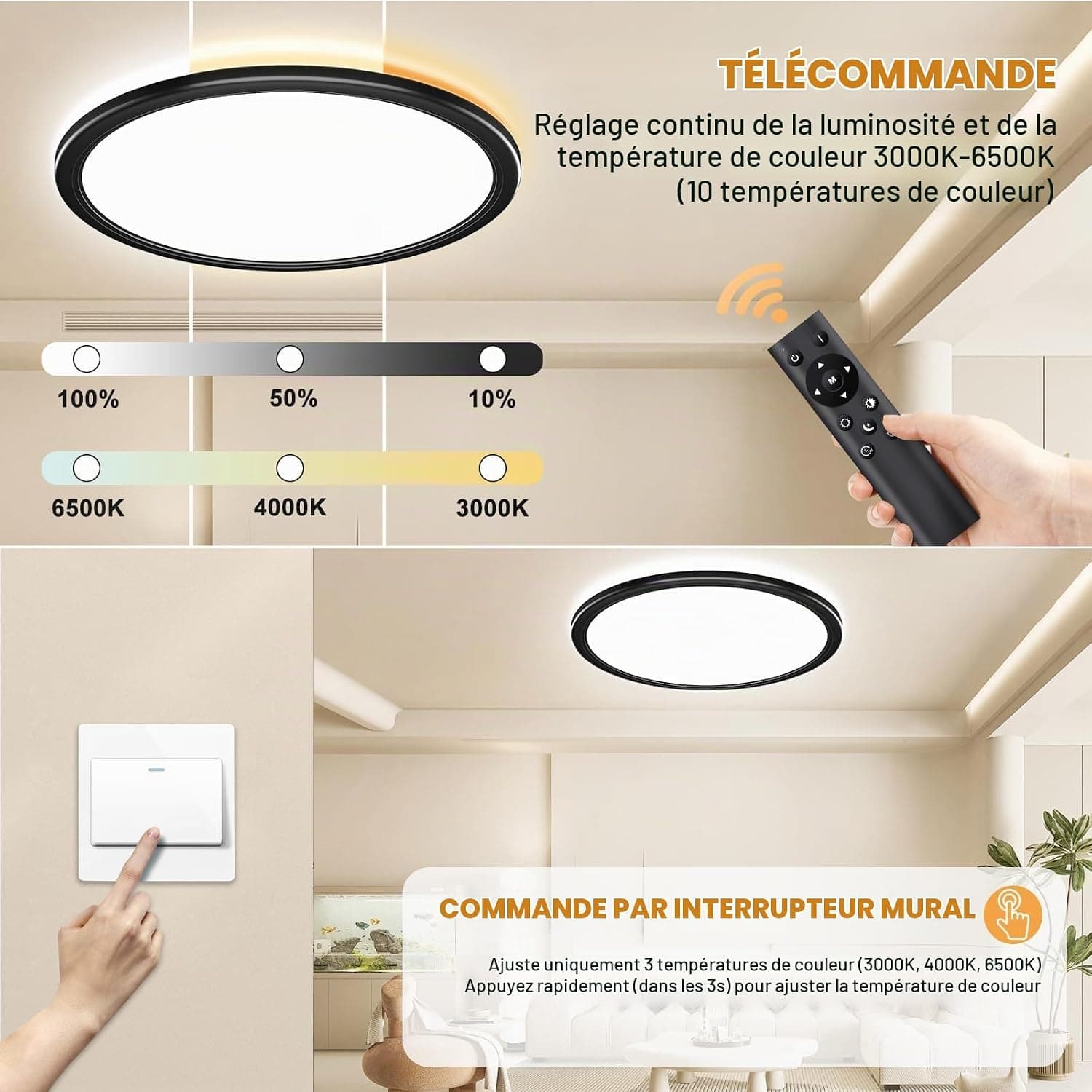 OUILA Plafonnier Led Telecommande, Dimmable Plafonnier Télécommande 24W Réglable Ø30cm 3000K-6500K Plafond Led Moderne Rond 2400LM Applicable Salle de Bain, Chambre, Cuisine, Salon(Noir)