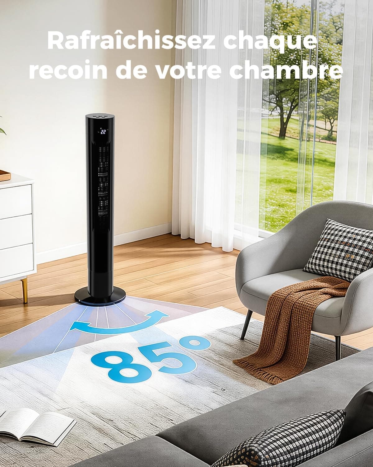 YASHE Ventilateur colonne 110 cm avec télécommande, silencieux 28 dB | Oscillation 85°, 12 h minuterie, 3 modes, 3 vitesses et affichage LED, idéal pour chambre, bureau et maison