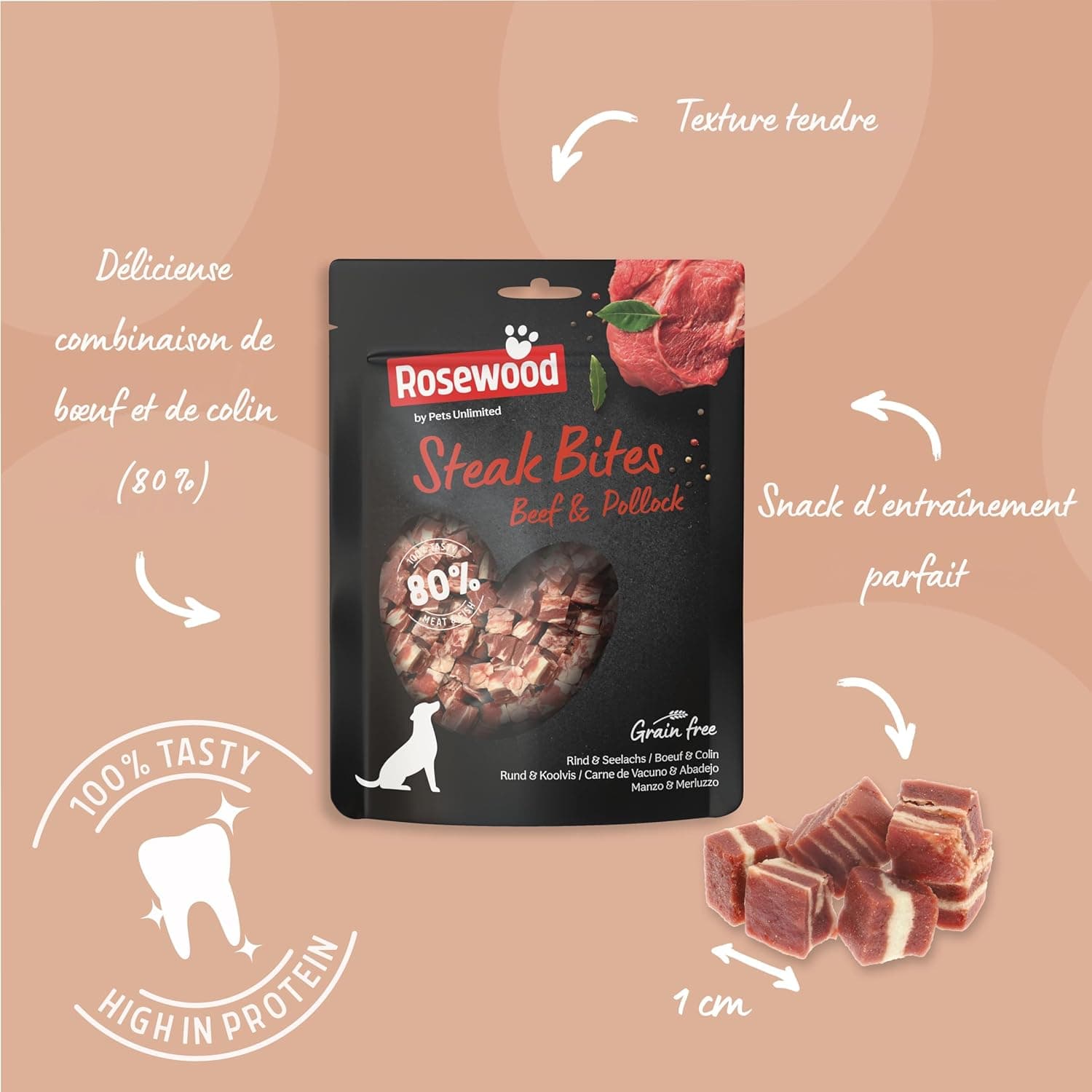Rosewood Steak Bites Bœuf & Colin – Friandise Tendre pour Chien, Riche en Viande et Poisson, pour l’entraînement, sans céréales, sans additifs artificiels, 100 g