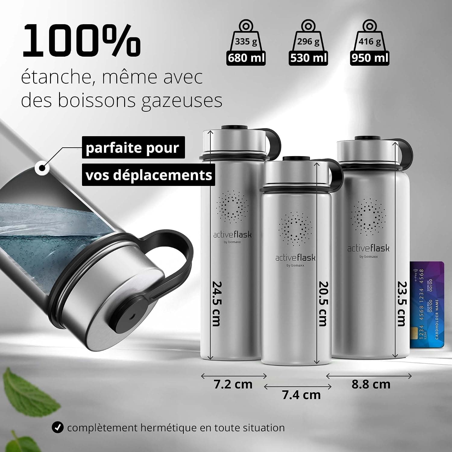 Gourde Inox Isotherme ACTIVE FLASK 1l/500ml sans BPA + Paille (3 Bouchons) | Bouteille d’eau Acier Inoxydable Isolée, Thermos Réutilisable | Camping Velo Sport Running Randonnée Enfant, Café The
