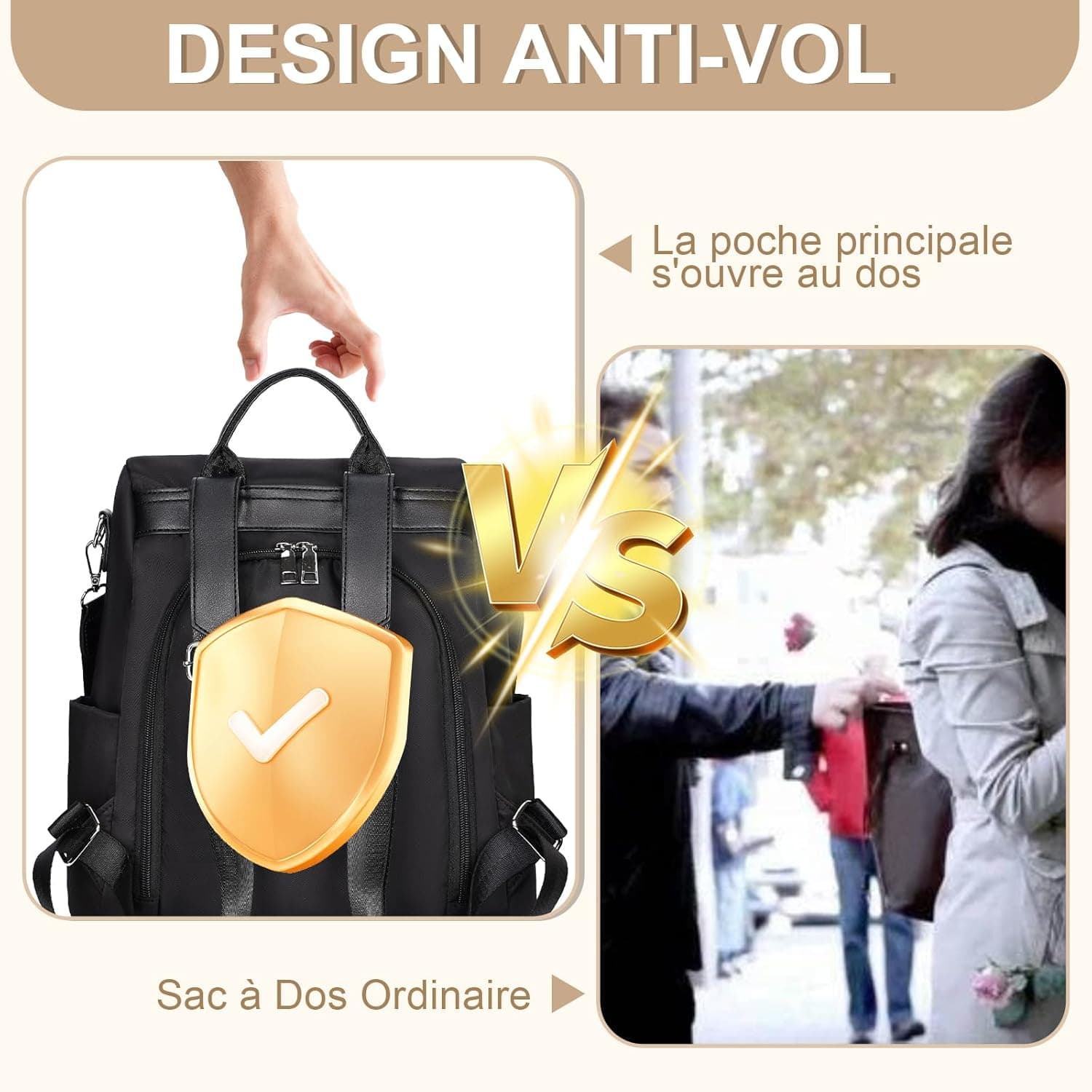 Eshow Sac à Dos Femme Antivol, Sacs à Main Portés Dos Femme, Petit Sac Bandoulière Fort Backpack Loisirs Casual Léger pour Voyage L'école Travail Université Collège Shopping Noir