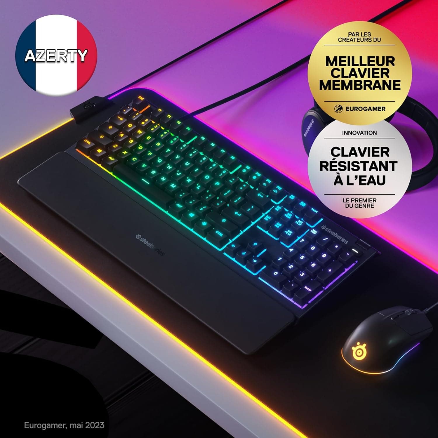 SteelSeries Apex 3 - Clavier de Gaming - Illumination RVB sur 10 Zones - Repose-Mains Magnétique Premium - Agencement Français AZERTY
