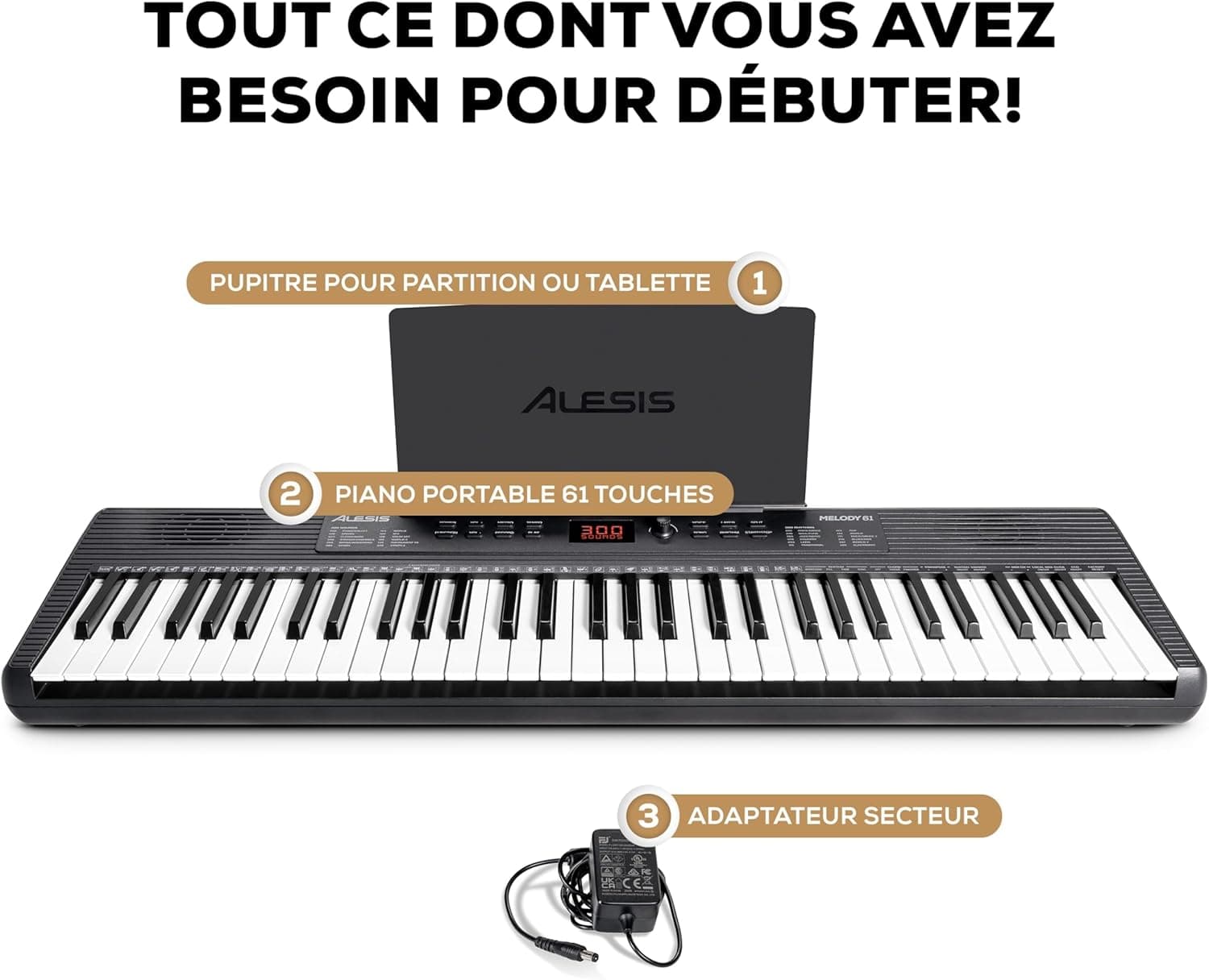 Alesis Melody 61 MK4 Clavier Piano 61 Touches | Portable, 300 Sons, Modes Split/Layer, Cours Inclus, pour Débutants