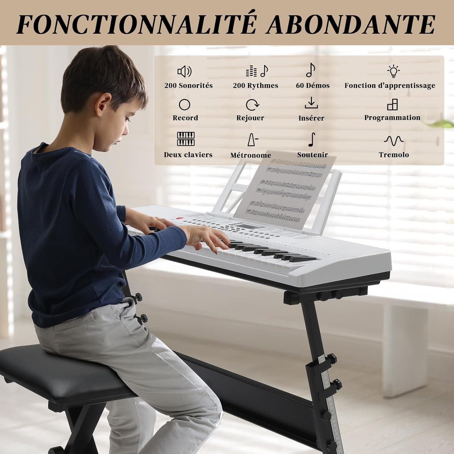 LALAHO Clavier Piano 61 Touches avec Support de Clavier, Banc de Piano, Piano Numérique avec Casque, Pupitre, Microphone, Écran LED, pour Débutants (Blanc)