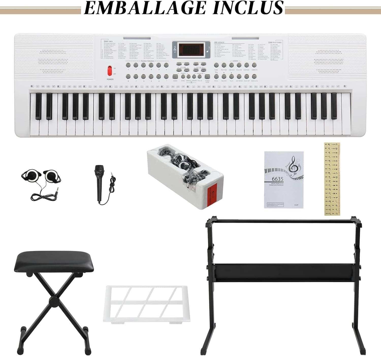 LALAHO Clavier Piano 61 Touches avec Support de Clavier, Banc de Piano, Piano Numérique avec Casque, Pupitre, Microphone, Écran LED, pour Débutants (Blanc)