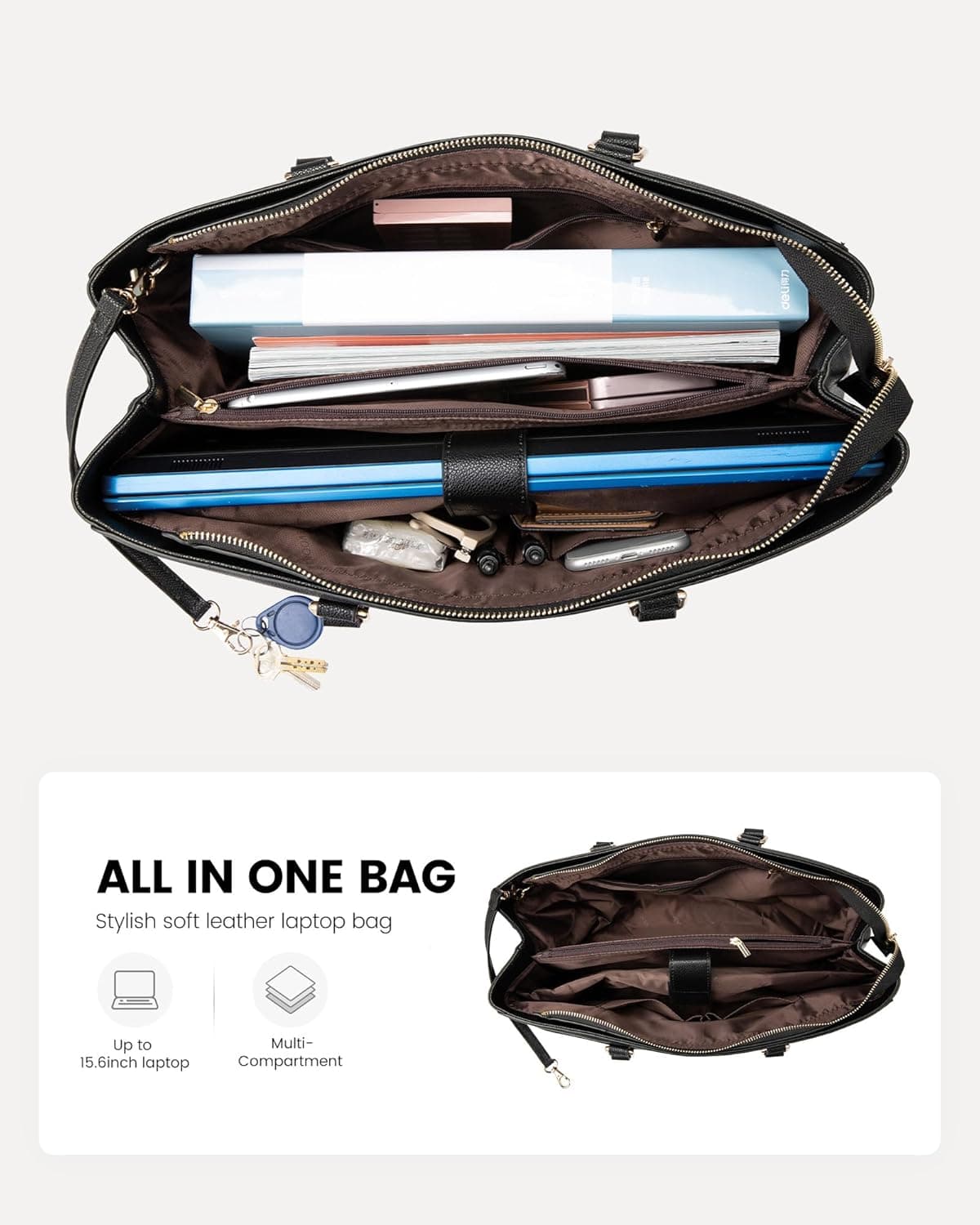LOVEVOOK Sac Cabas Femme Sac a Main, Sac Ordinateur Portable 15,6 Pouces | Grande Capacité Imperméable Sac De Cours Sacoche Ordinateur, Sac à Main Pour Voyage Affaires Travail, Noir