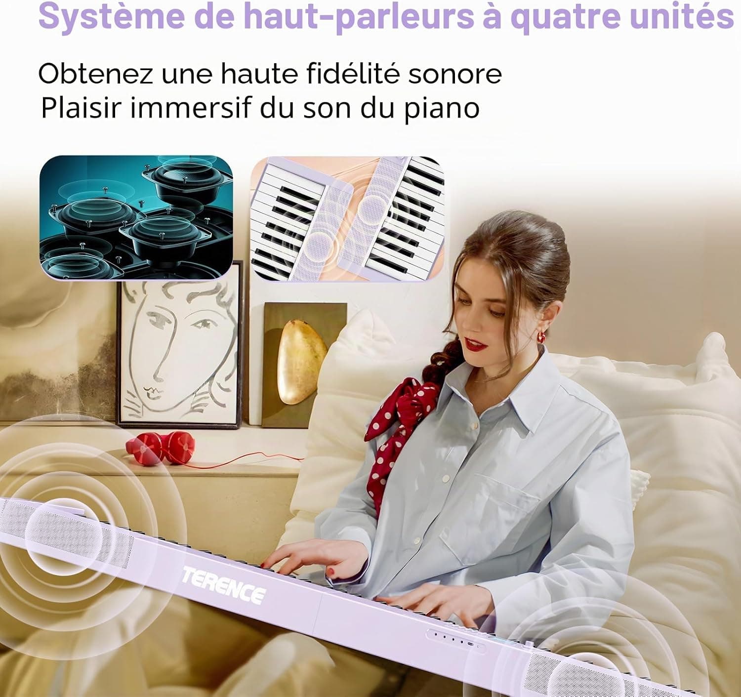 TERENCE Pliable Piano Numérique 88 touches avec Haut parleur 2x5W Batterie de 1800mAh lestées Pédale de Sustain interface MIDI avec support de partitions Bluetooth Sacs pour Piano Câble audio Violet | Keyboard Piano avec pupitre, autocollant, câble audio. Parfait pour les débutants, à la maison ou en déplacement
