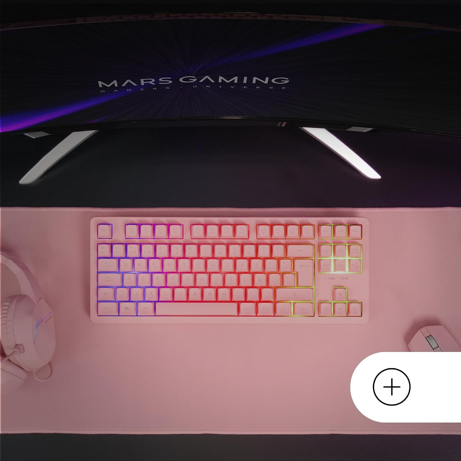 Mars Gaming MK023, Langue Français, Clavier Gaming TKL, Technologie Hybride H-Mech, Éclairage FRGB Rainbow, Anti-ghosting, Compatibilité Universelle, Rose